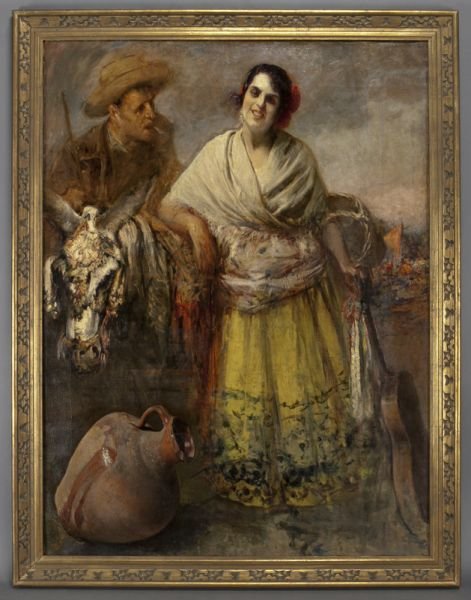 Jose Arpa y Parea, "Andalusian Woman with Guitar": Jose Arpa y Parea, "Andalusian Woman with Guitar" oil on canvas. Signed lower left "J. Arpa". Canvas: 58"H x 43.25"W; Frame: 64.5"H x 50"W. Jose Arpa y Parea (Spanish, 1858-1952) was born in Carmona, 
