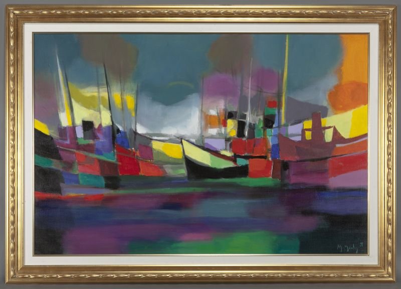 Marcel Mouly, "Chalutiers au large" oil on canvas.: Marcel Mouly, "Chalutiers au large" oil on canvas. Signed and dated lower right "M. Mouly 98", signed, dated, titled and inscribed "Gentilly" on the reverse. Canvas: 38"H x 57"W; Frame: 47.5"H x 66.5"