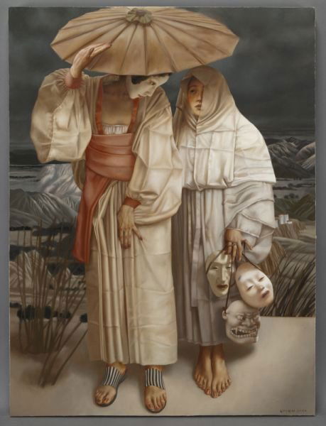 Lui Liu, "Geisha and Woman holding Masks": Lui Liu, "Geisha and Woman holding Masks" oil on canvas, 2000. Signed and dated lower right "Lui Liu 2000". Unframed. Canvas: 48"H x 36"W. Provenance: Acquired directly from the artist by a private co