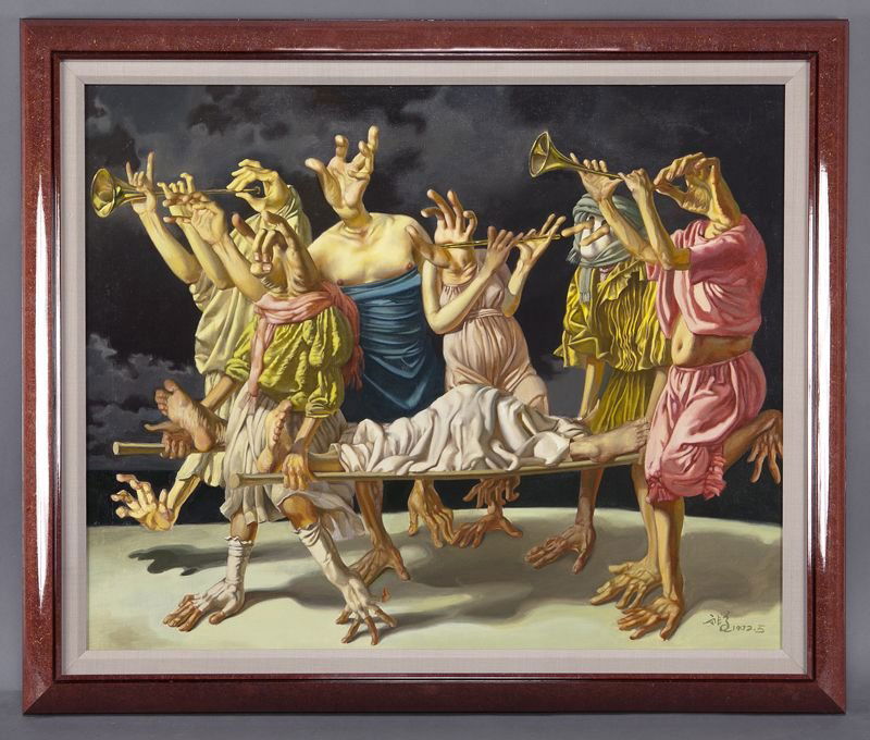 Lui Liu, "Requiem vs. Rejuvinesce" oil on canvas.: Lui Liu, "Requiem vs. Rejuvinesce" oil on canvas. Signed in pinyin and dated "1992.5" lower right. Canvas: 27.25"H x 33.25"W; Frame: 35"H x 42"W. Provenance: Acquired directly from the artist by a pri