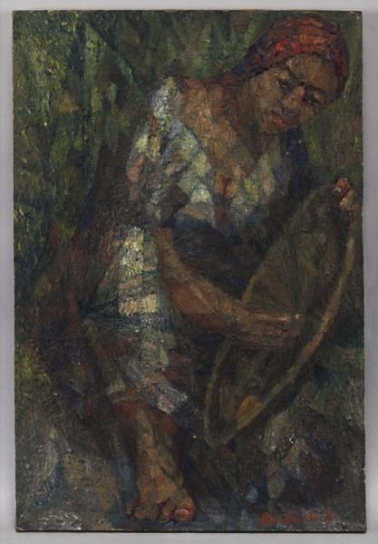 Alipio Jaramillo, "Barequera" oil on masonite.: Alipio Jaramillo, "Barequera" oil on masonite. Signed lower right "Alipio Jaramillo", with gallery label on the reverse "Quinta Galeria, Bogota, Colombia". Unframed. Board: 23.5"H x 16"W. Provenance: 