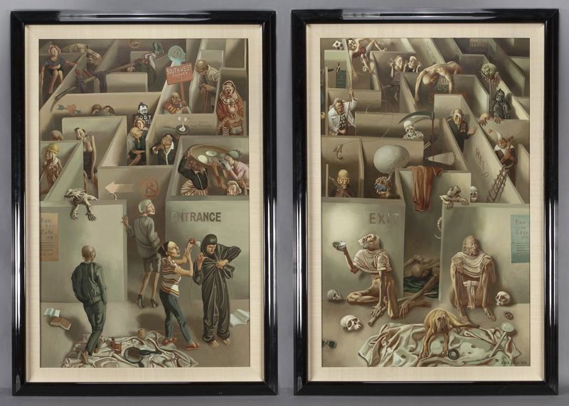 Lui Liu, "Entrance and Exit" pair of oils on: Lui Liu, "Entrance and Exit" pair of oils on canvas, 1995. Exit panel is signed and dated lower right "Lui Liu 95". Canvas: 65"H x 42"W; Frame: 76"H x 53"W. Provenance: This work was commissioned by a
