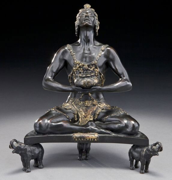 Malvina Cornell Hoffman, Hindu incense burner,: Malvina Cornell Hoffman, Hindu incense burner, bronze with brown patina and parcel-gilt. With artist's copyright, signed and dated along the base "Malvina Hoffman 1920" and foundry mark stamp "Roman B