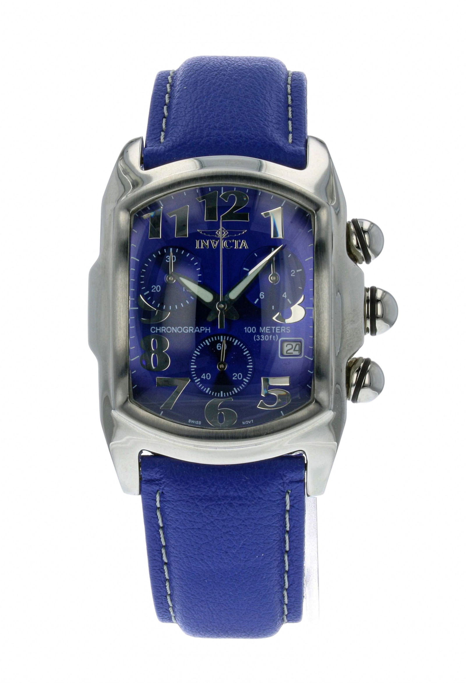 NIB INVICTA BLUE DIAL CHRONOGRAPH: Blue dial, blue leather band, silver case and buttons. Date at the 4. Complete with box and outer box. MSRP $615 Dial 1.75 in Box measuring H 3.5 W 6 D 5 in Provenance: Private Chicago Col