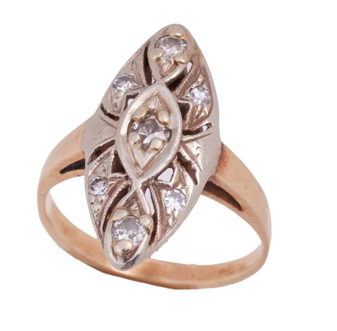 Antique Diamond Wedding Ring: White gold & yellow gold with 7 round white diamonds. 1.89 dwt Size 4 Small indentation to the band. Inv: 53718