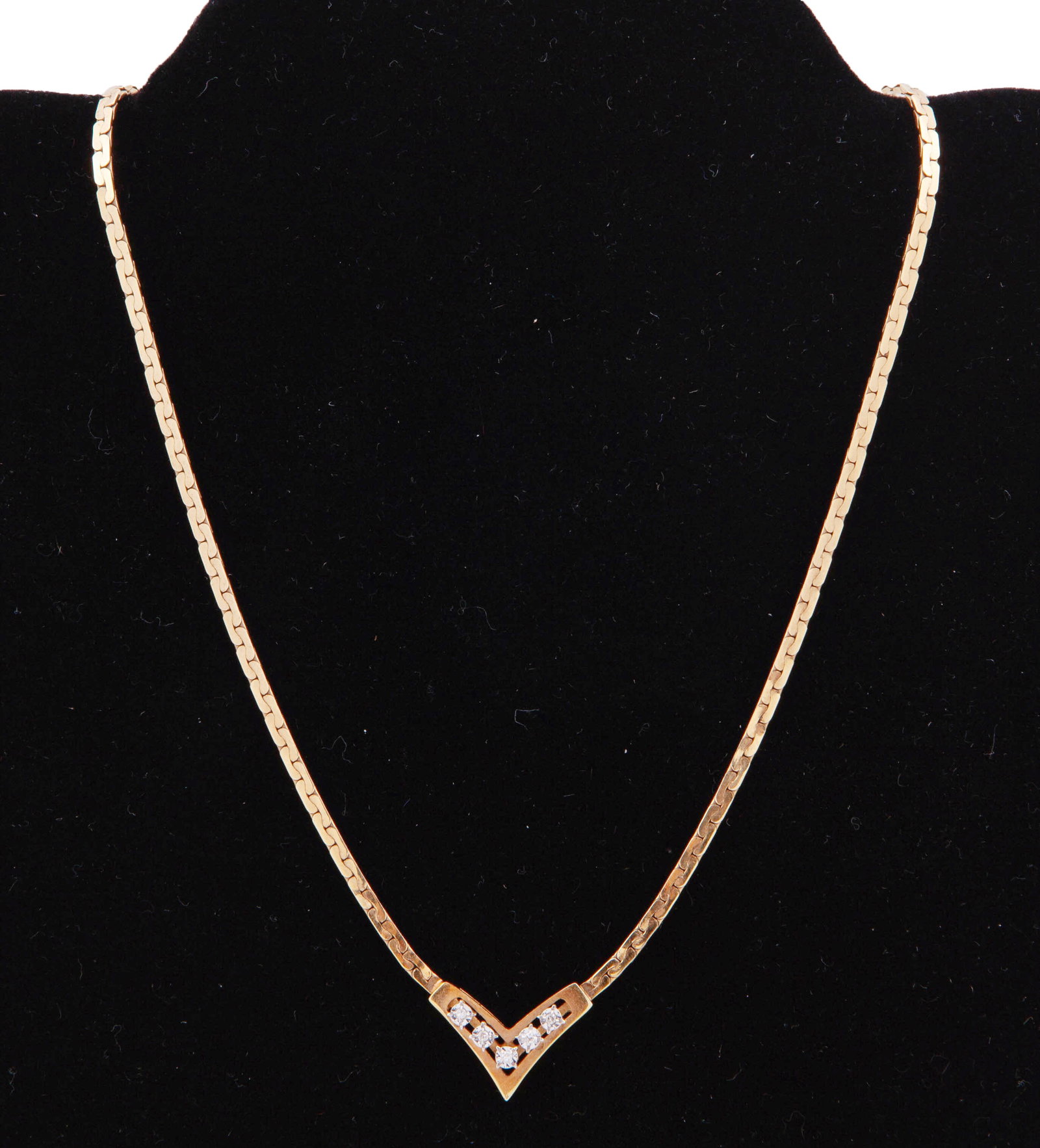 14kt Yellow Gold and White Sapphires Ladies Necklace: Ladies necklace in 14kt yellow gold decorated with five .05ct white sapphires. Drop measuring 8 in Weight 10.5 g In good pre-owned condition