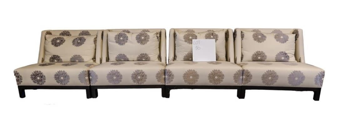 Set of Four Contemporary Oversized Statement Chairs: Set of 4 oversized chairs in light gray fabric with silver/gray sunflower pattern, standing on four black wooden legs. Measuring H 37 W 42 D 32 in In good pre-owned condition.