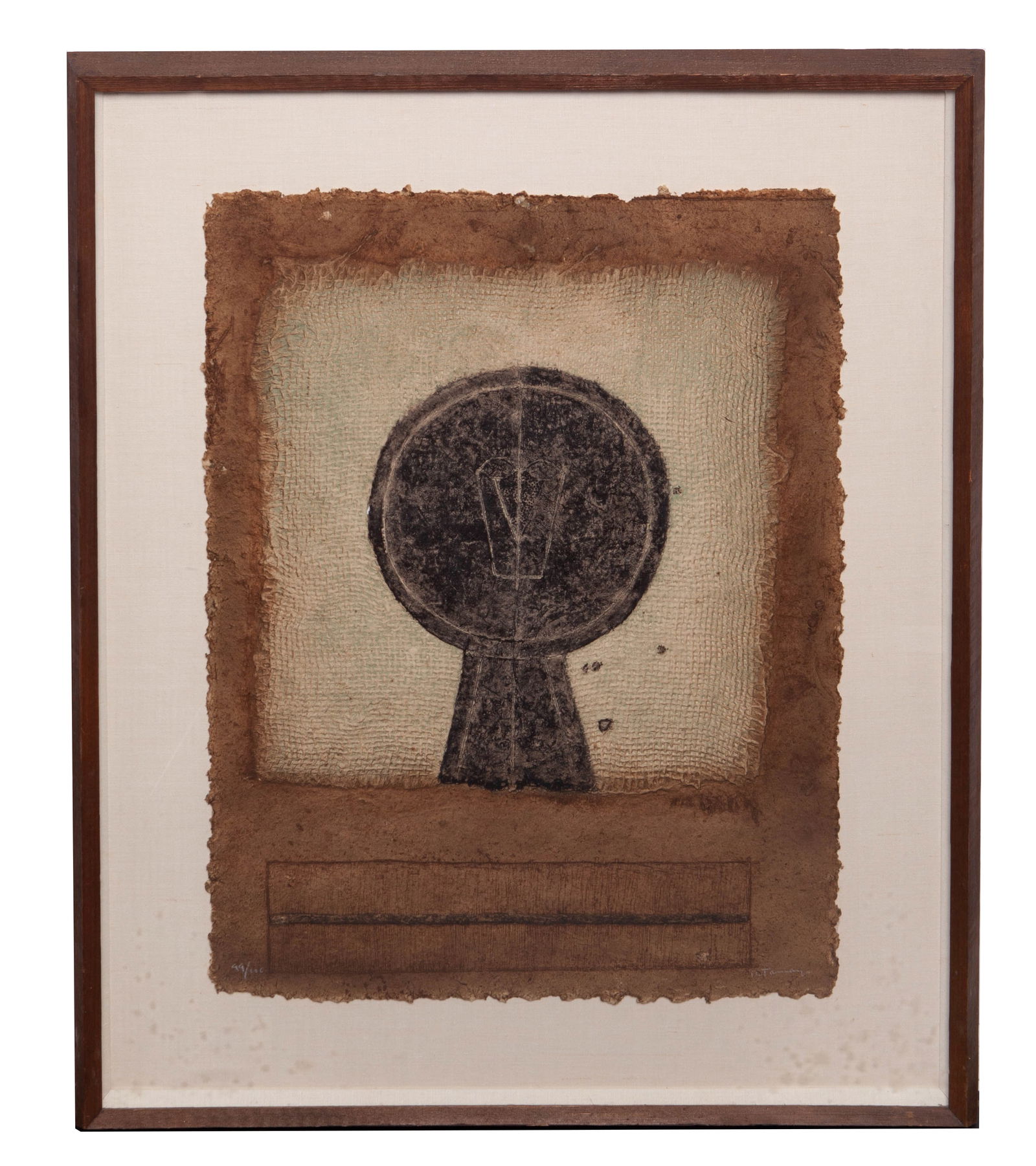 Rufino Tamayo, Cabeza Negra, Head in Black: Rufino Tamayo (Mexican, 1899 - 1991) Cabeza Negra, Head in Black Mixografia in colors, handmade paper and crayon Measuring H 33.5 W 25 in On a wooden frame and linen mat, measuring H 44 W 37 in Editio