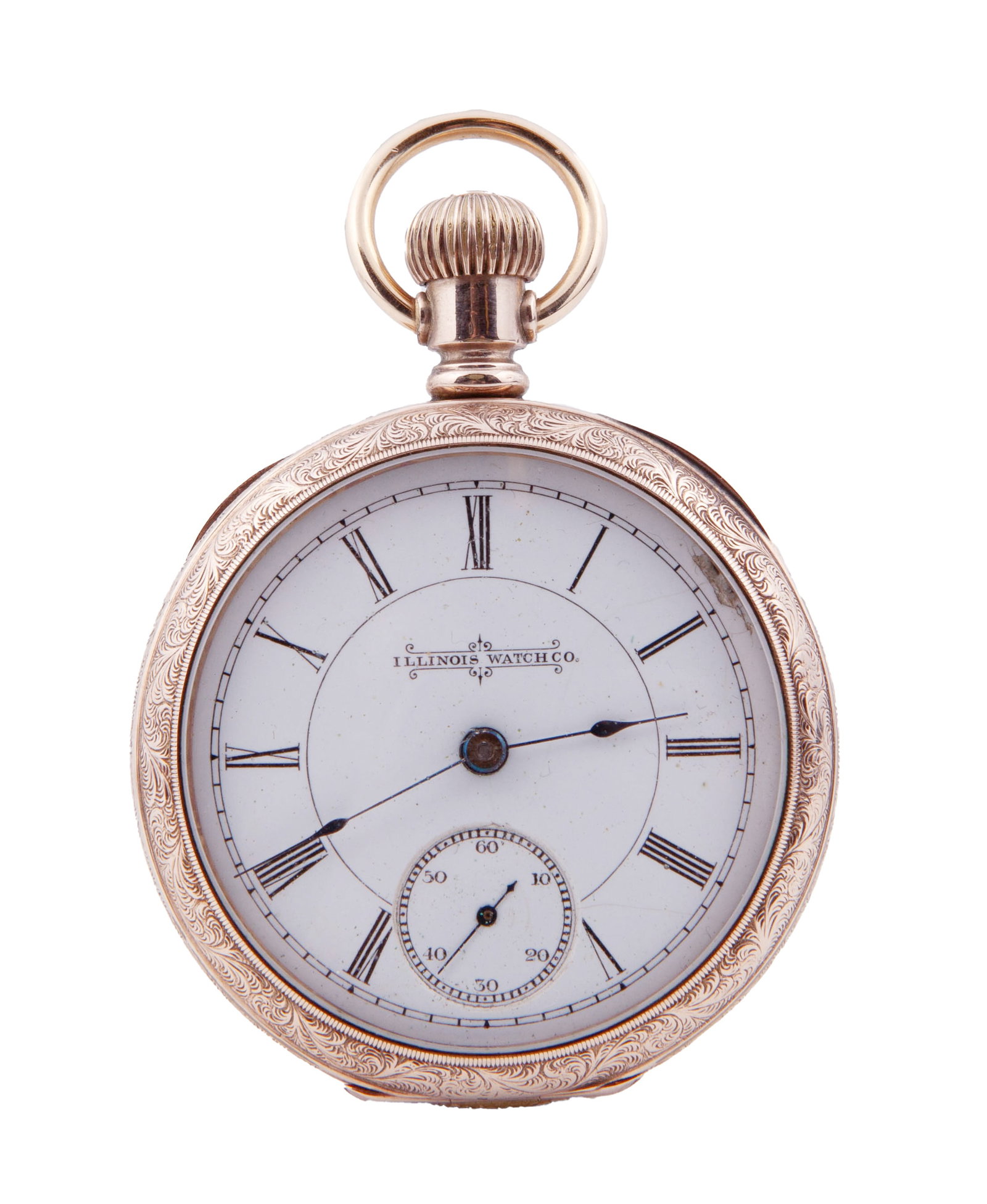 Vintage Gold Filled Illinois Pocket Watch: With porcelain dial. Gold filled. Roman Numeral Engraved case. Case marked Duebler 2409636. Springfield Movement. Some signs of wear.