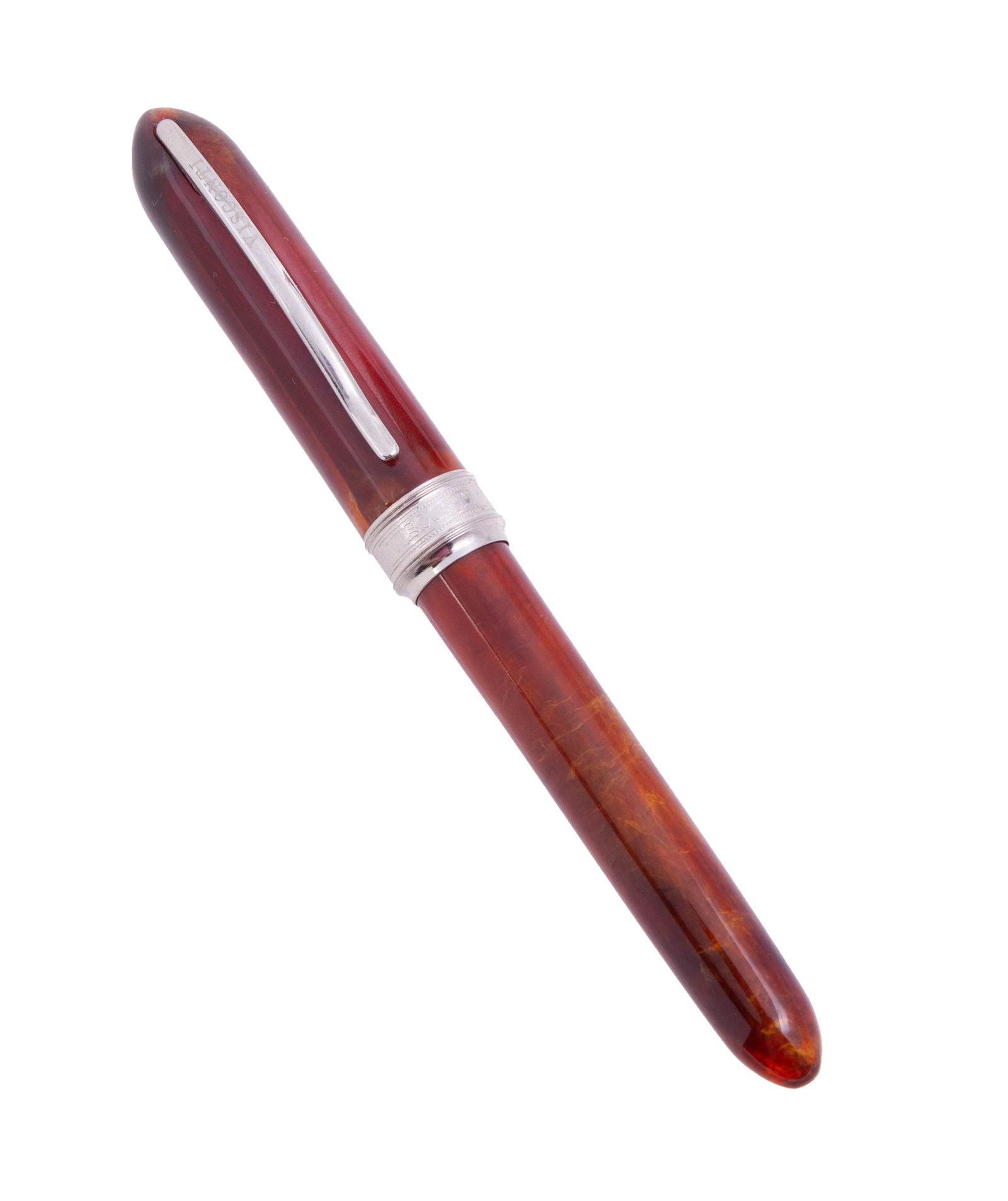 Visonti Van Gogh 14k Gold Nib Fountain Pen: Elegant Visonti Van Gogh fountain pen in marbled red resin, with silver toned engraved ring and signed clip. 14k yello and white gold nib. In great condition, with some minor tarnishing. N