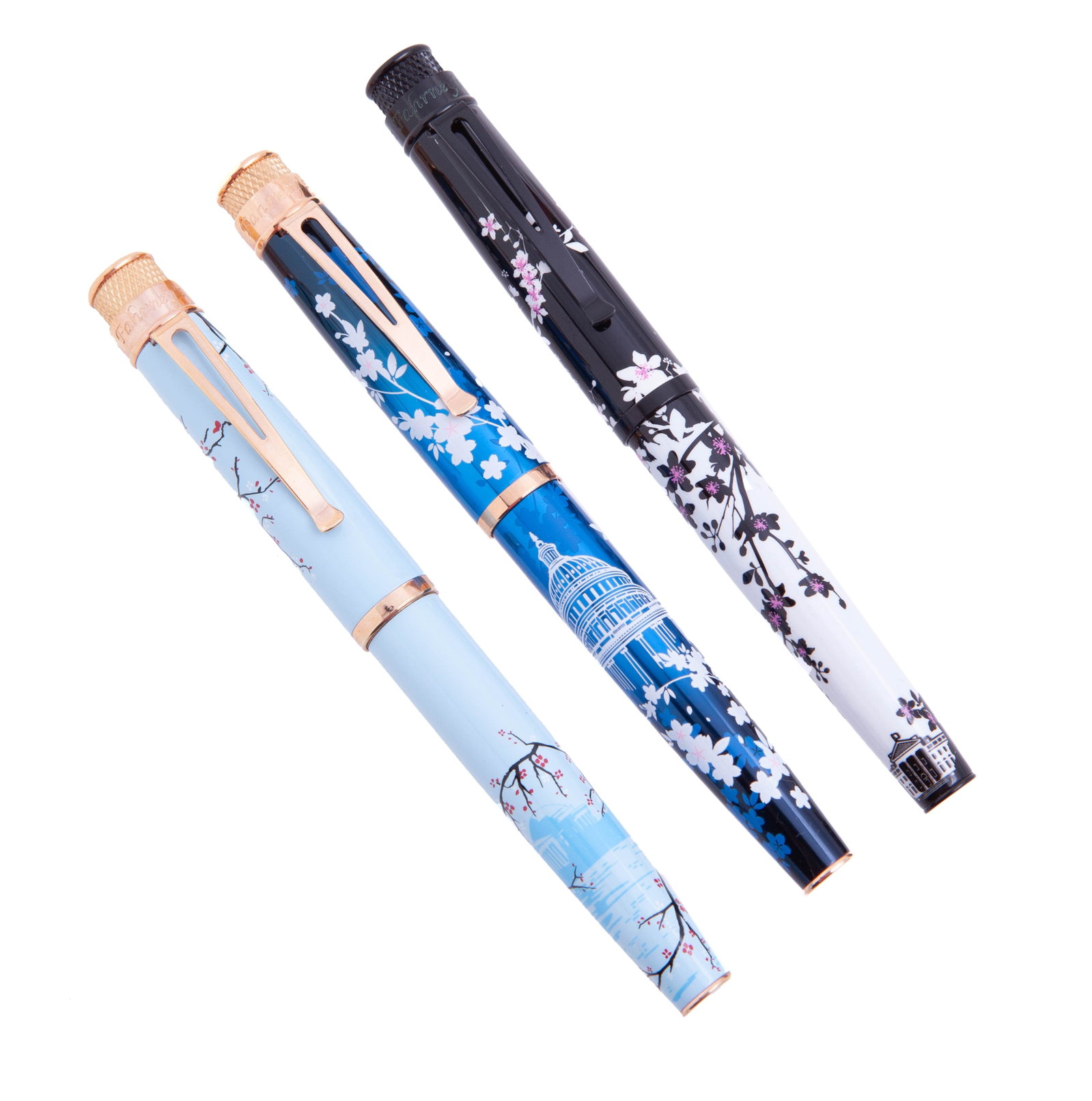 Set of Three Fahreny's Anniversary Fountain Pens: Including: Fahreny's Annual Cherry Blossom Fountain Pen Fahreny's retro 51 anniversay cherry blossom 2007 fountain pen Fahreny's retro 51 anniversay cherry blossom 2008 dark blue fountain pen </