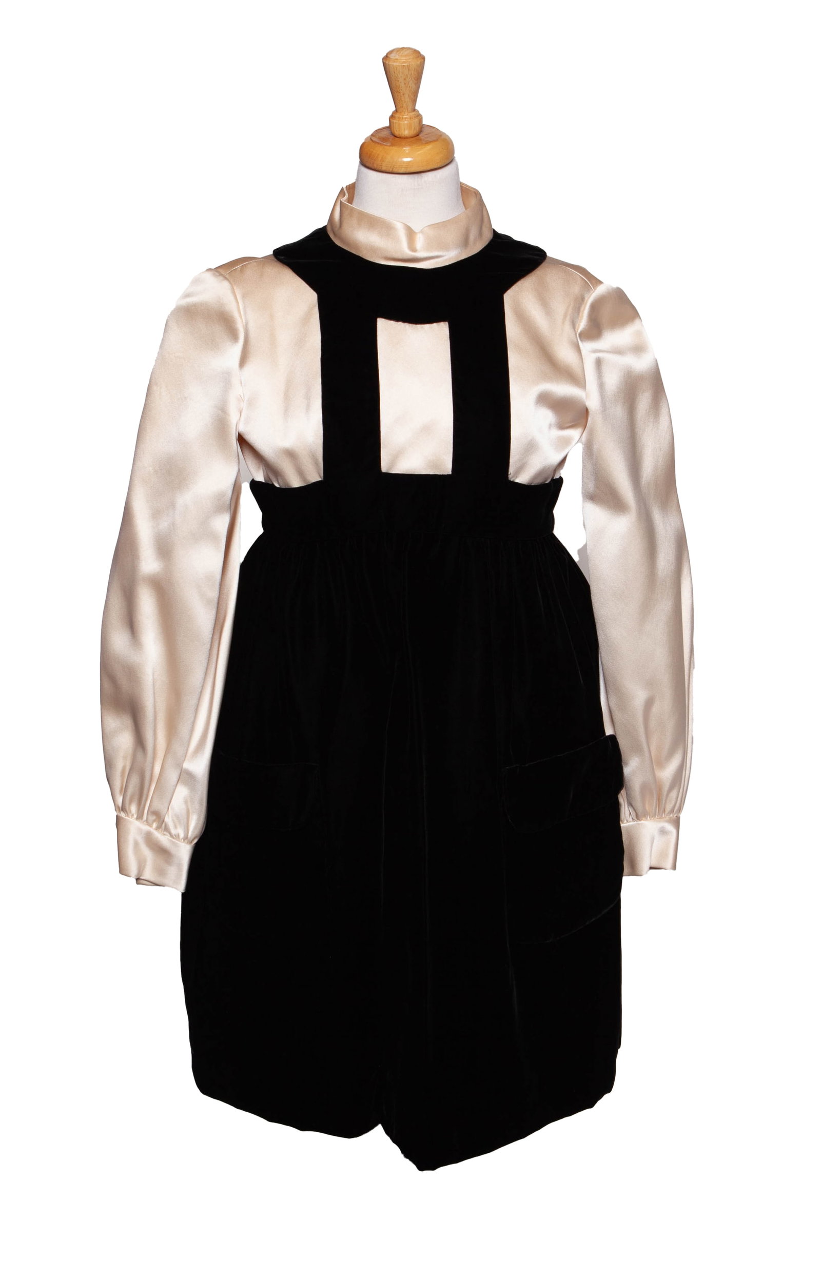 Flowers By Connie Rockford Donald Brooks Vintage Preppy Ladies Dress: Vintage ladies dress from the Flowers by Connie collection in gold satin, decorated with black velvet vest and collar. Long sleeves and high neck, with three oversized buttons on front.&nb