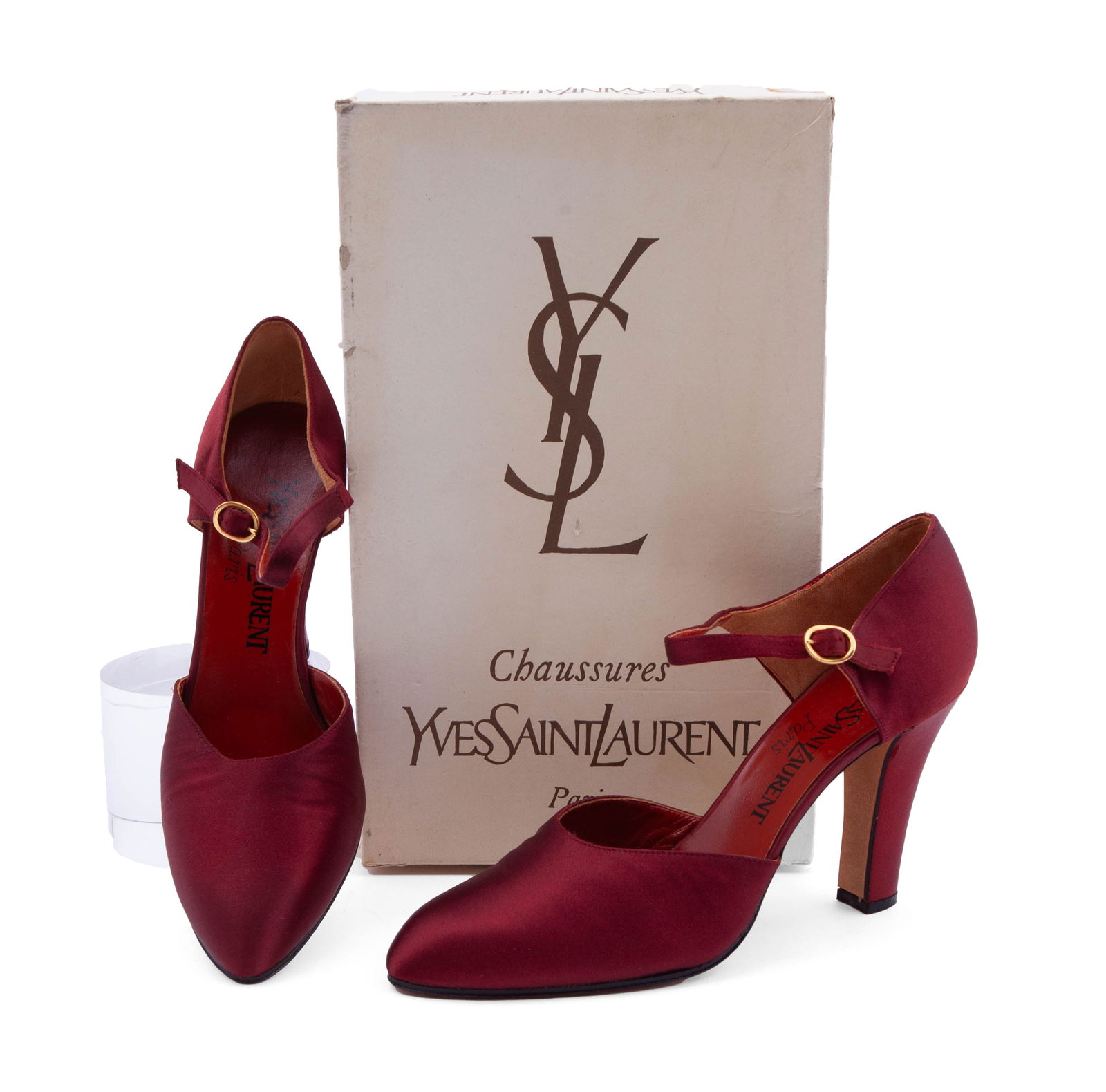 Vintage Yves Saint Laurent Red Wine Silk Evening Shoes Heels: Yves Saint Laurent heels in red wine colored silk, with real leather sole and insides and gold tone buckle closure. Brand new, in original plastic wrap and box. Size 6 B