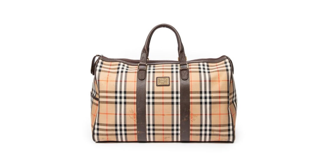 Burberry Large Boston Travel Bag in Haymarket Check Canvas: Burberry Large Boston Travel Bag in Haymarket Check Canvas with black lining, gold toned hardware complete with cadenas and keys. Measurements- 50 x 29 x 25 cm