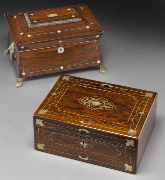 (2) Mother of pearl inlaid sewing boxes,: (2) Mother of pearl inlaid sewing boxes, including: (1) with MOP inlay and brass string inlay, a lift out tray with various sewing accessories, 5''H x 12''W x 9''D; and (1) rosewood of sarcophagus for