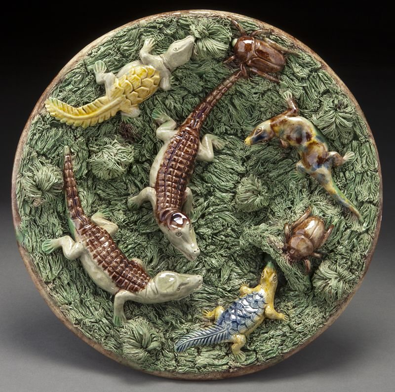 Portuguese palissy dish by M. Mafra,: Portuguese palissy dish by M. Mafra, with alligators and beetles on a mossy ground. With impressed mark to base "M. Mafra Caldas Portugal". 11.75'' Dia., Circa - Late 19th C.