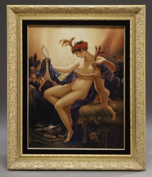 Large KPM Berlin painted porcelain plaque: Large KPM Berlin painted porcelain plaque after Ann-Louis Girodet de Roucy-Trioson's depiction of a "Portrait of Mademoiselle Lange as Danae,". Impressed "KPM", with scepter and other various marks. P