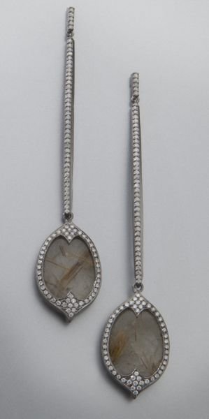 Pr. sterling silver, diamond and labradorite: Pr. sterling silver, diamond and labradorite earrings. Stamped, "925 SR". 17.0 grams. 3.75''L, Circa - Contemporary.