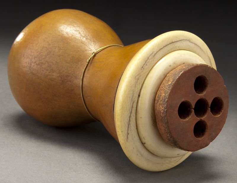 Chinese Qing carved gourd cricket cage: Chinese Qing carved gourd cricket cage (International shipping IS NOT available on this lot. This lot may not be purchased by a resident in the state of California for resale) with an ivory mounted ri