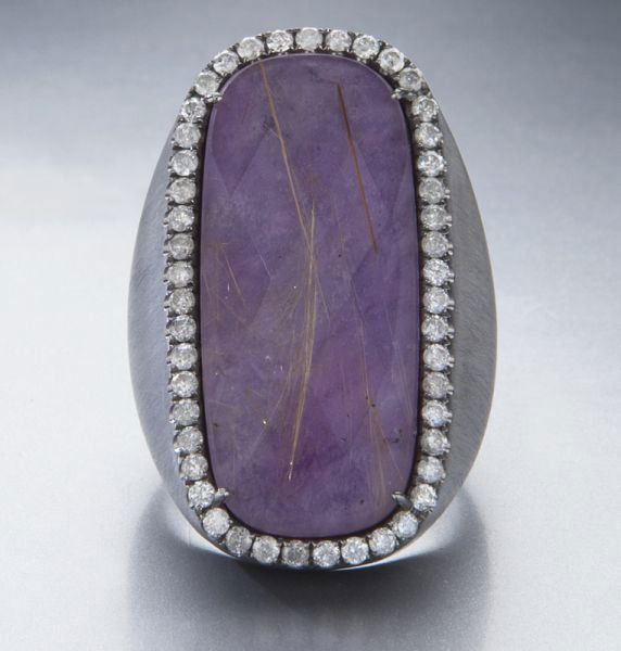 Sterling silver, diamond and purple charoite ring.: Sterling silver, diamond and purple charoite ring. Stamped, "925 SR". 18.2 grams. Size 6.5, Circa - Contemporary.