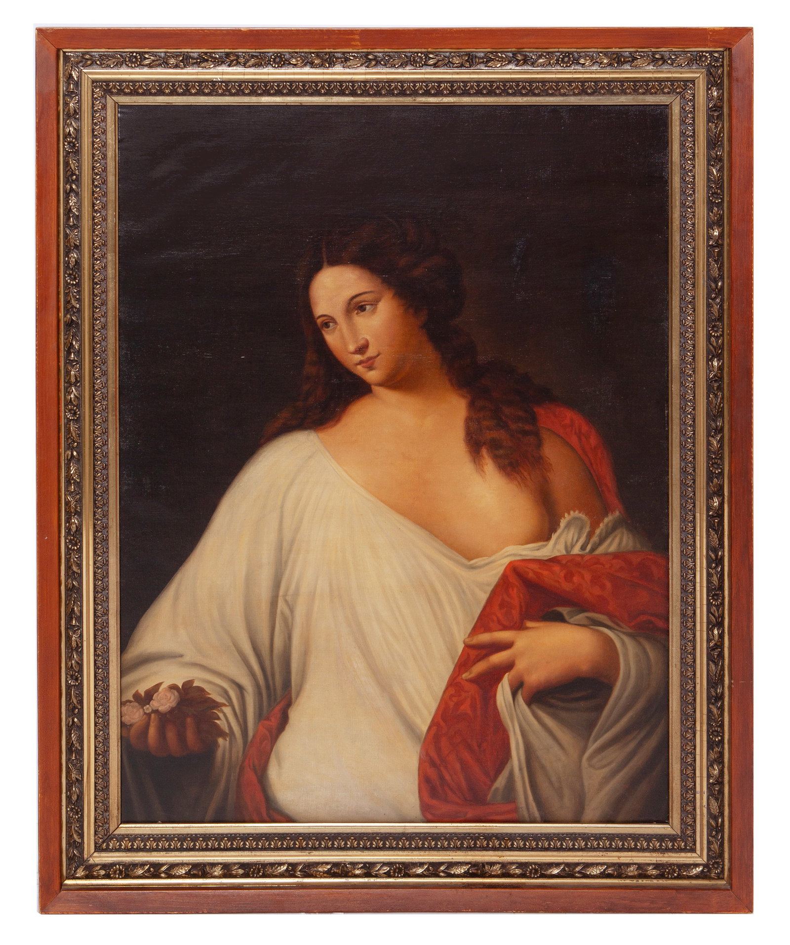 Oil On Canvas Portrait Of Goddess Flora, After Titian: 19th-century copy of Goddess Flora, after Italian painter Titian, oil on canvas. Unsigned. Canvas measuring H 40 W 40 in On an ornate wooden frame measuring H 48 W 38 in
