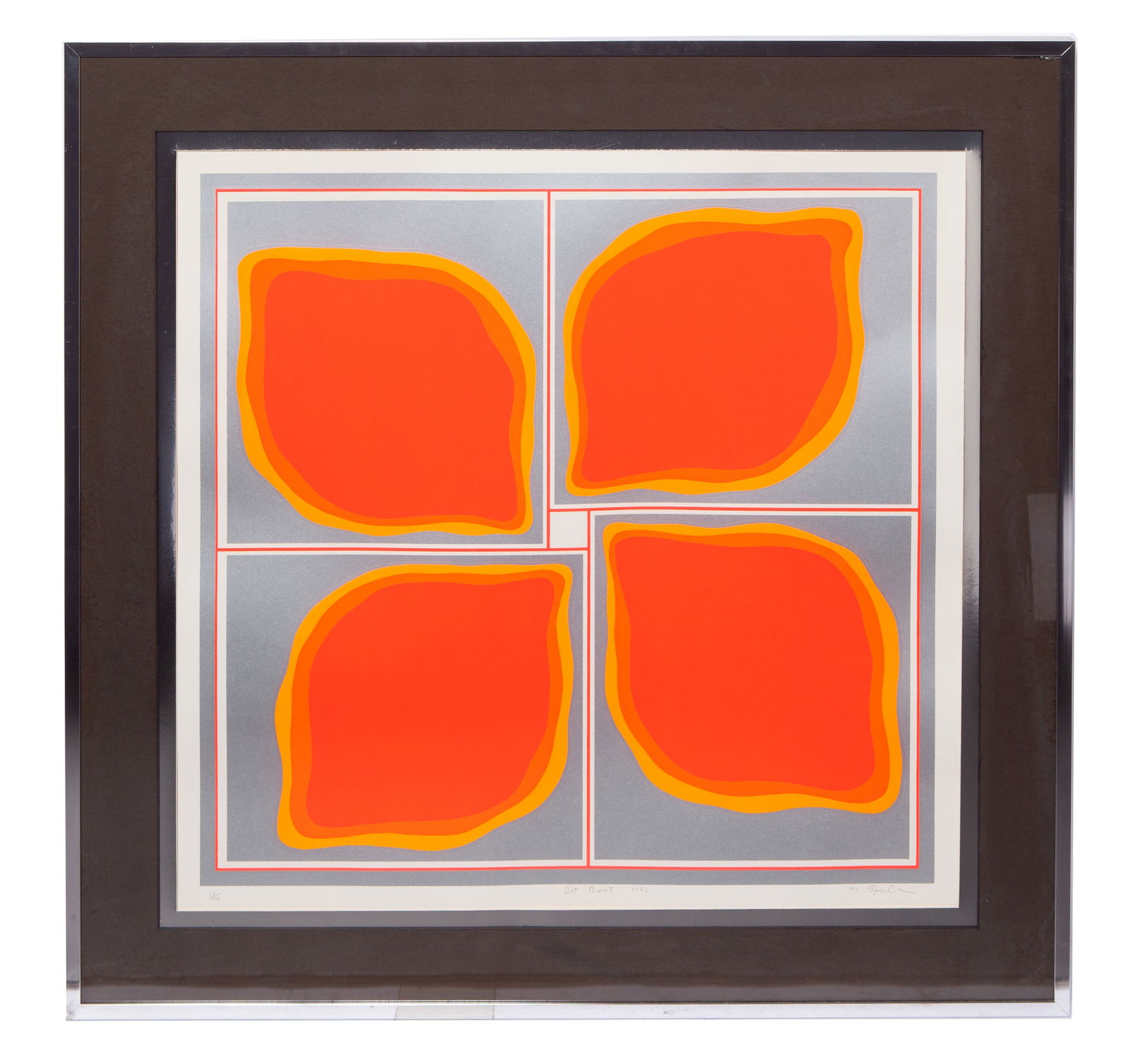 Nobu Fukui, Modern Silkscreen in Red: Nobu Fukui (American/Japanese, 1942) Silkscreen in Red on Wove Paper, signed on front bottom center Measurements- 21 x 21 in Chrome Frame Measurements- 28.5 x 28.5 in About the