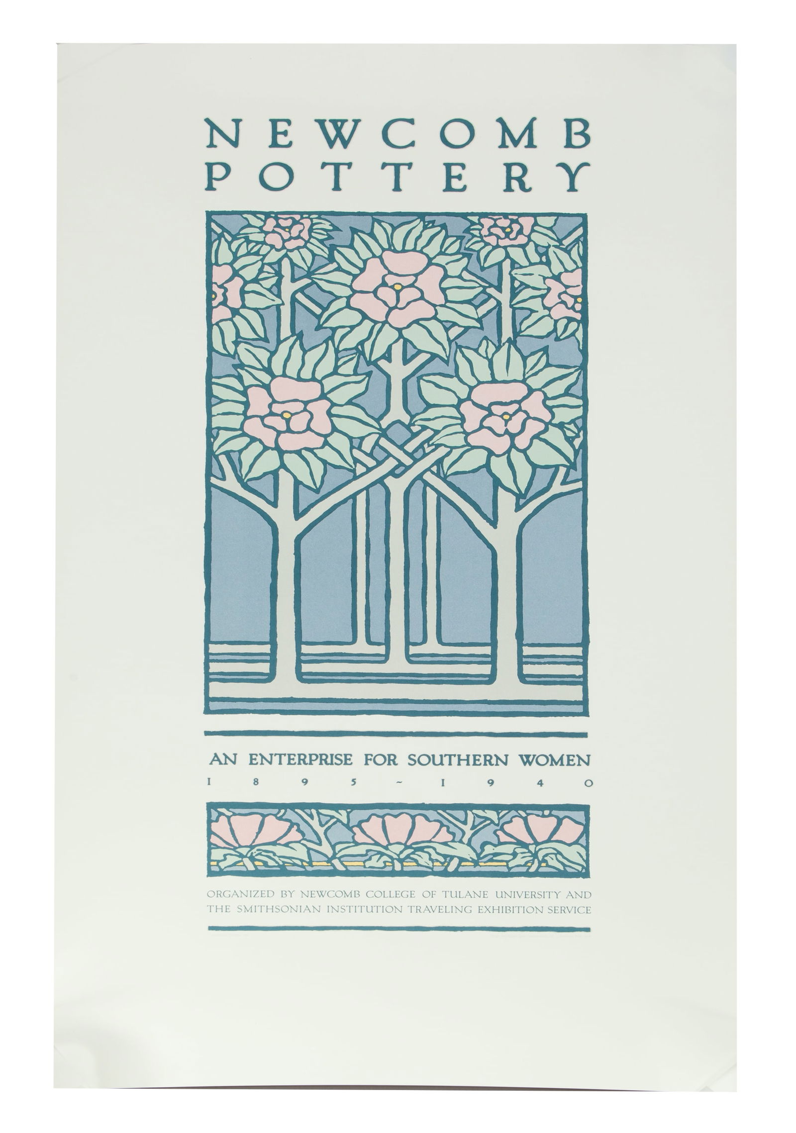 Newcomb Pottery Unframed Print Smithsonian Institution 1984: Newcomb Pottery unframed poster depicting stained glass window marked "An Enterprise for Southern Women 1895-1940". Designed by Judie Kirpich. Illustration by Robert Sole. Smithsonian Instit