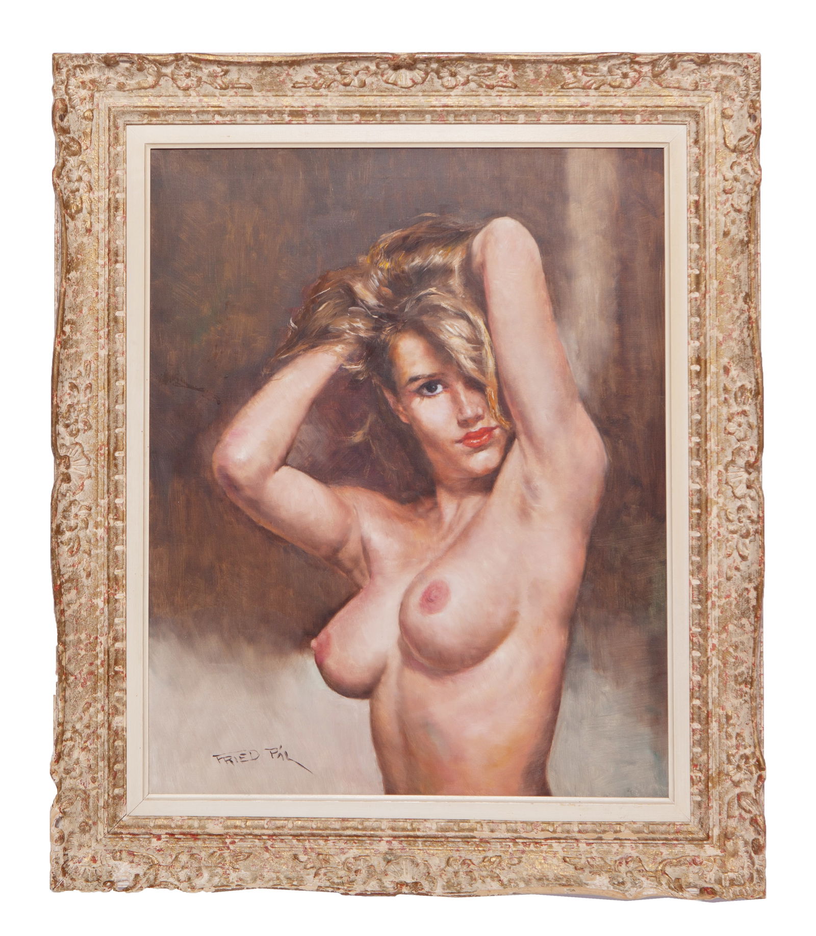 Pal Fried, Sanja, Nude Portrait Of a Woman: Fried Pal (Hungary/New York, 1893 - 1976) Nude Portrait of a woman Oil on canvas. Measuring H 30 W 24 in Signed Fried Pal on bottom left. On a gilt wooden frame measuring H 39