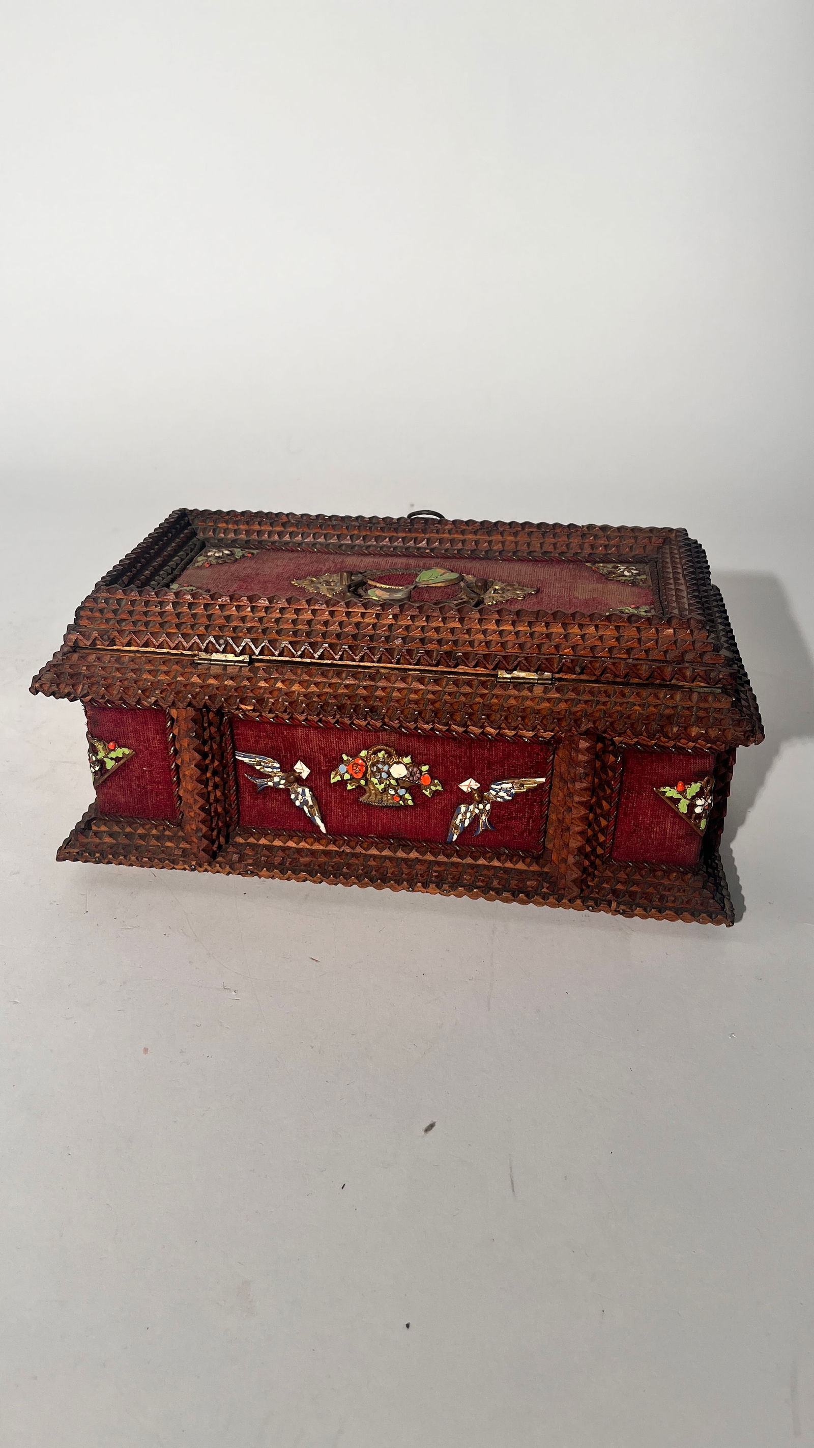 Antique Tramp Artisan Folk Art Vanity Box with Gilt Brass and Enamel Details (1 of 8)