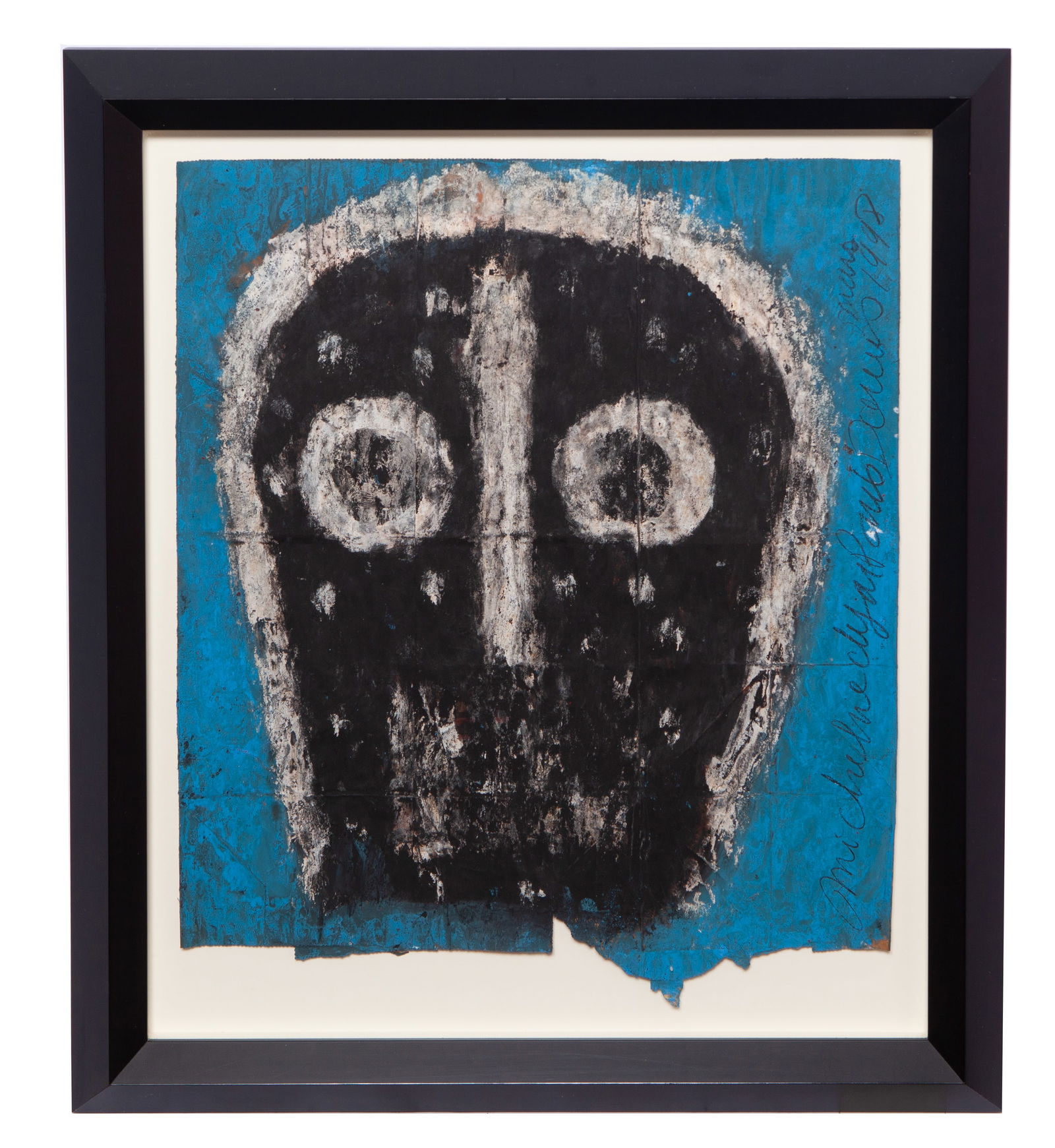 Michel Nedjar, Untitled, Face on Blue, Crayon on Paper and Gouache (1 of 4)