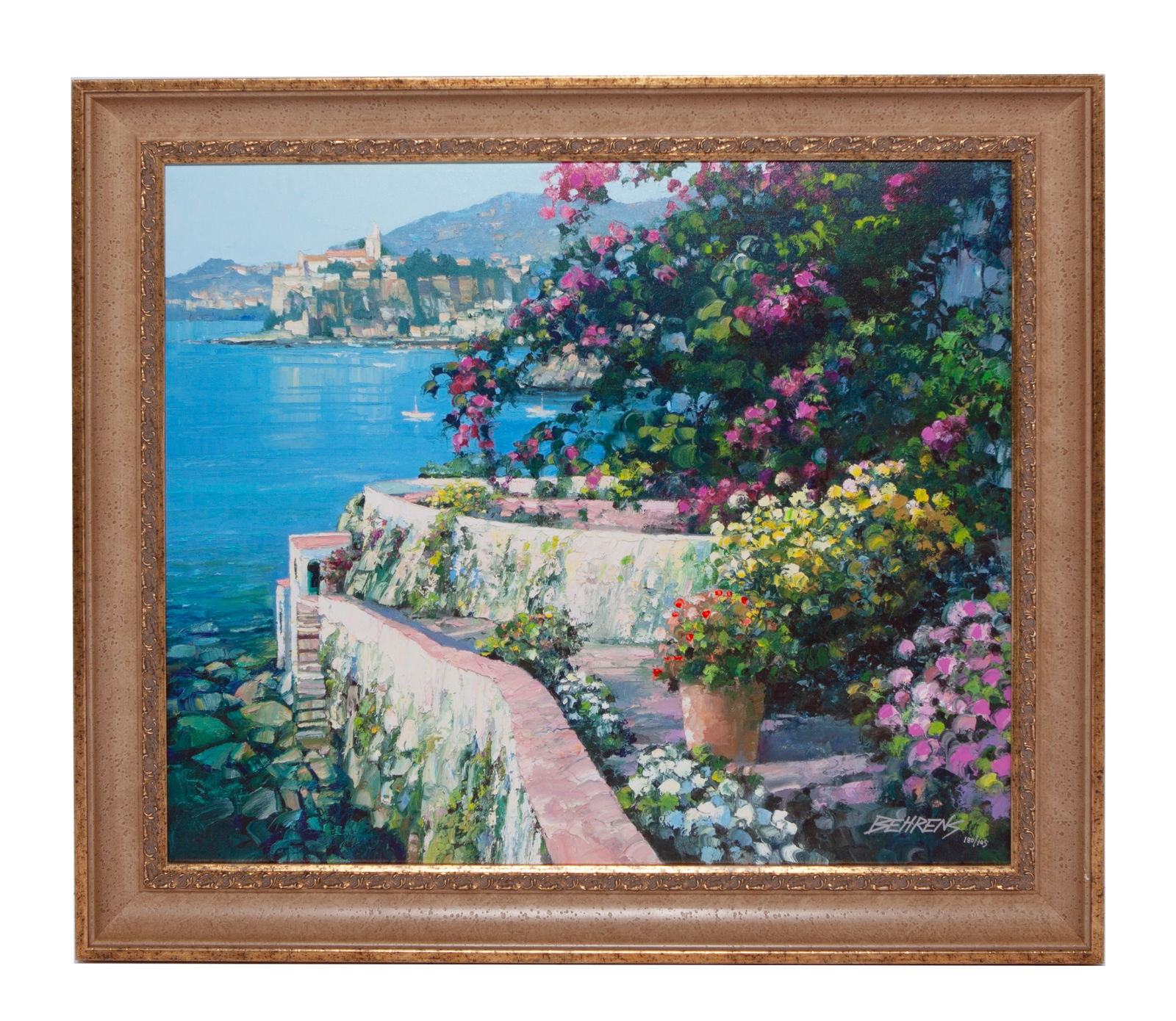 Howard Behrens, Italian Landscape, Embellished Giclee: Howard Behrens (American, 1933-2014) Italian landscape, untitled, signed lower right, edition 180/245 Embellished giclee on a gilt frame measuring H 29 W 33.5 D 2 in In good condition, small rip