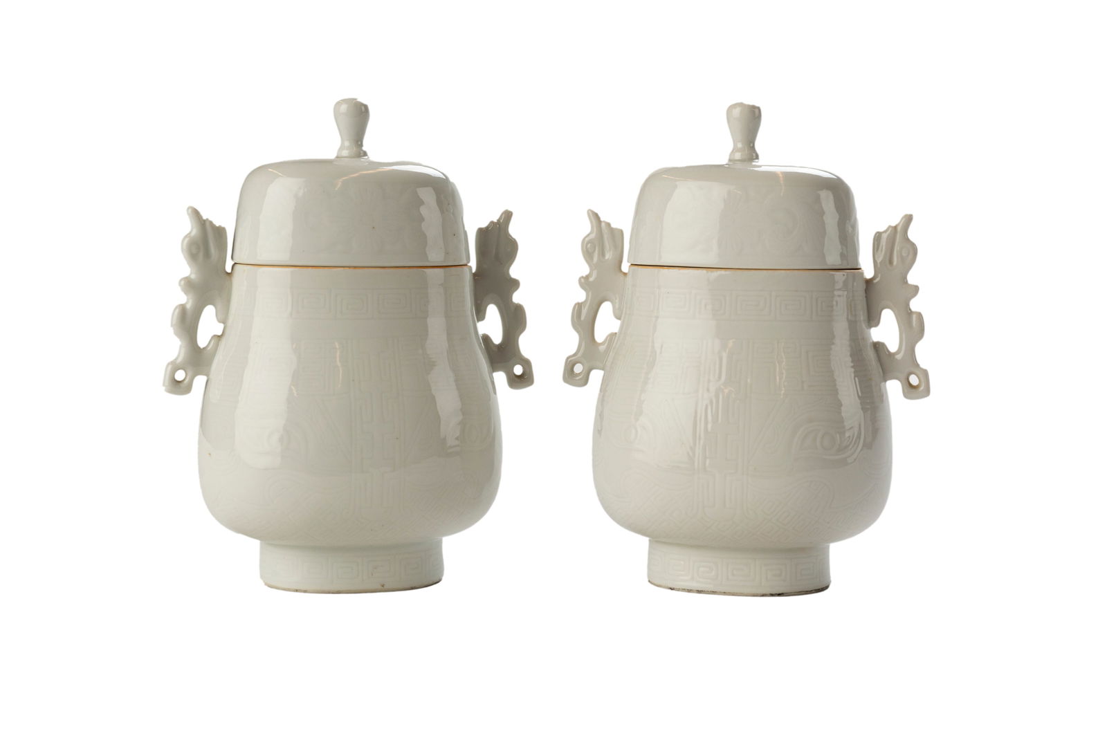 Pair of Chinese White Glaze Porcelain Carved Jars (1 of 5)