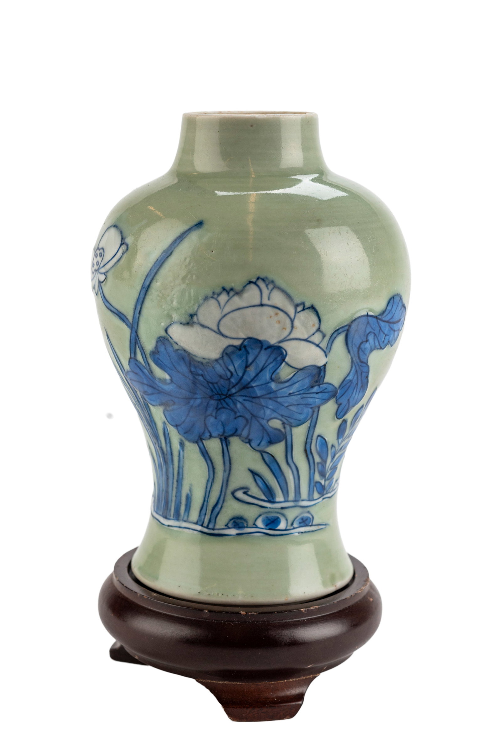 Chinese Qing Blue Over Celadon Porcelain Vase: Depicting a crane and set amongst lotus plants. 18th Century 6.5 x 3.5 in Good Condition