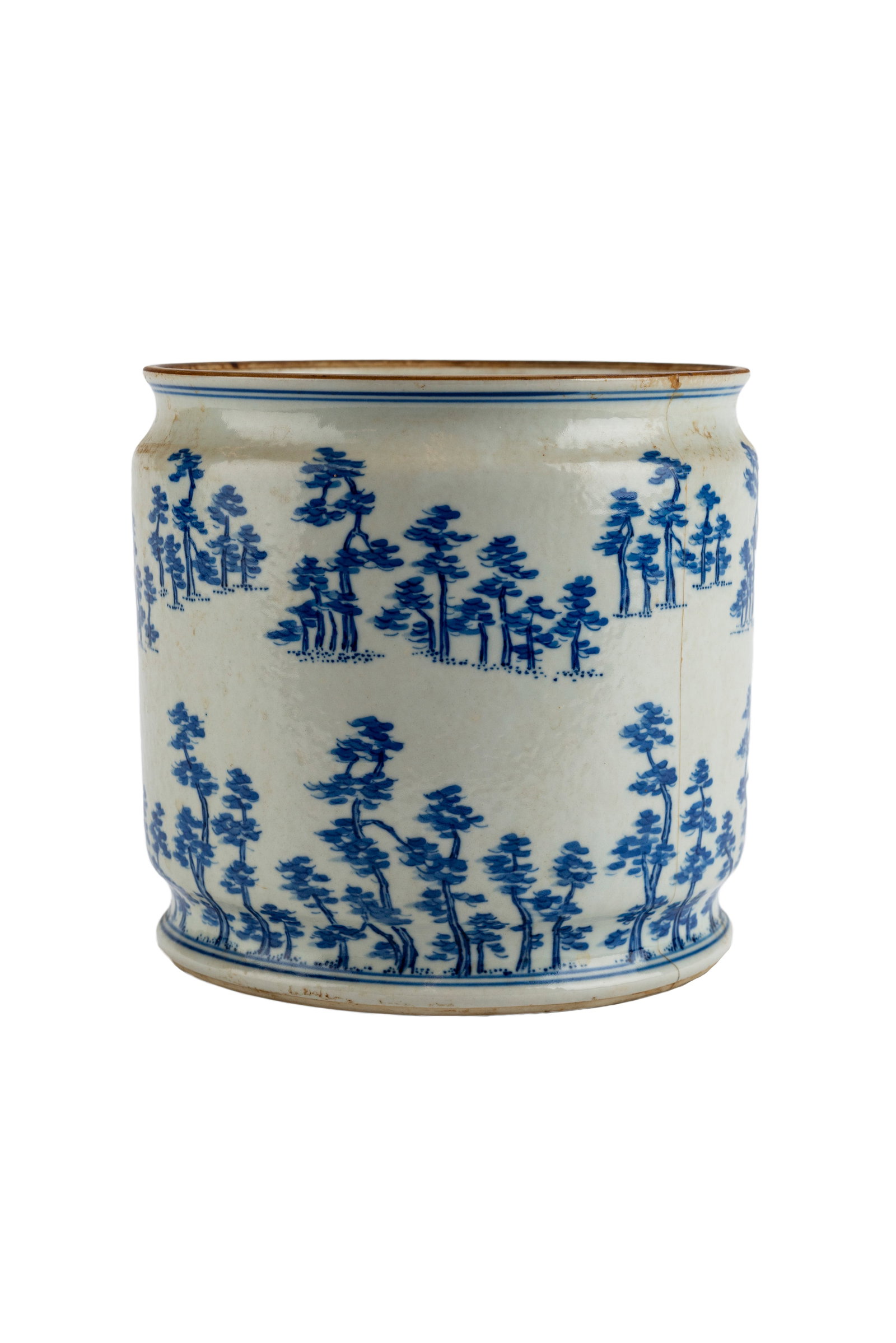 Chinese Qing Blue and White Jar: Depicting a forest. With maker mark on the underside and label reading Warren E. Cox Assocs. Inc. Collection 178 New York. Measuring h 7.25 W 7.5 in Some hairline cracks on the underside.