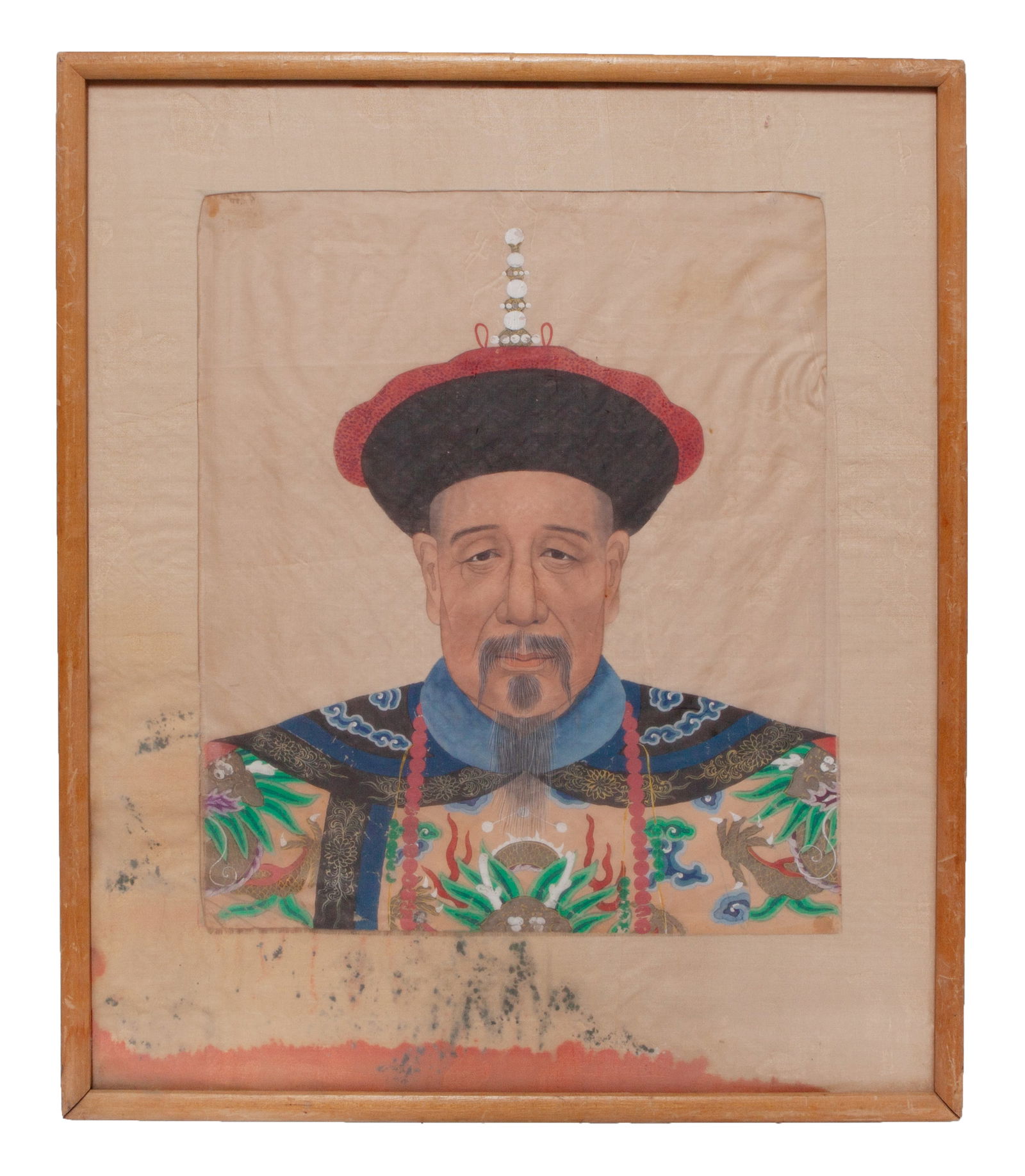 Chinese Watercolor Painting of Emperor Qian long: The watercolor painting depicts the bust of the emperor as he wears a robe and hat 18-19th Century 13 x 11.25 in Some discoloration along the bottom.