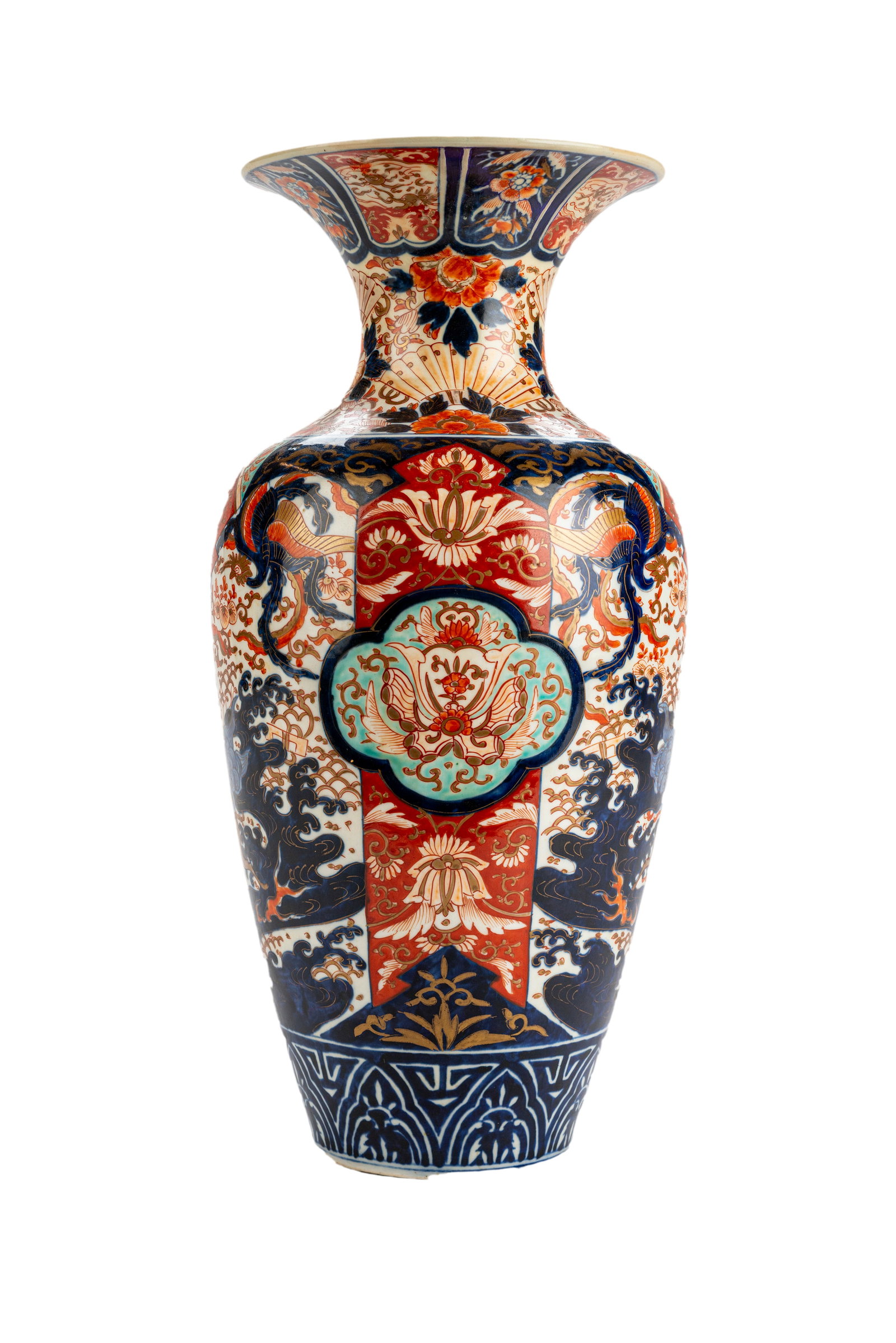 Japanese Imari Porcelain Vase: The exterior of the vase is decorated with kirin and floral themes. Late 19th - Early 20th Century. 18.5 x 8.5 in Good condition. 