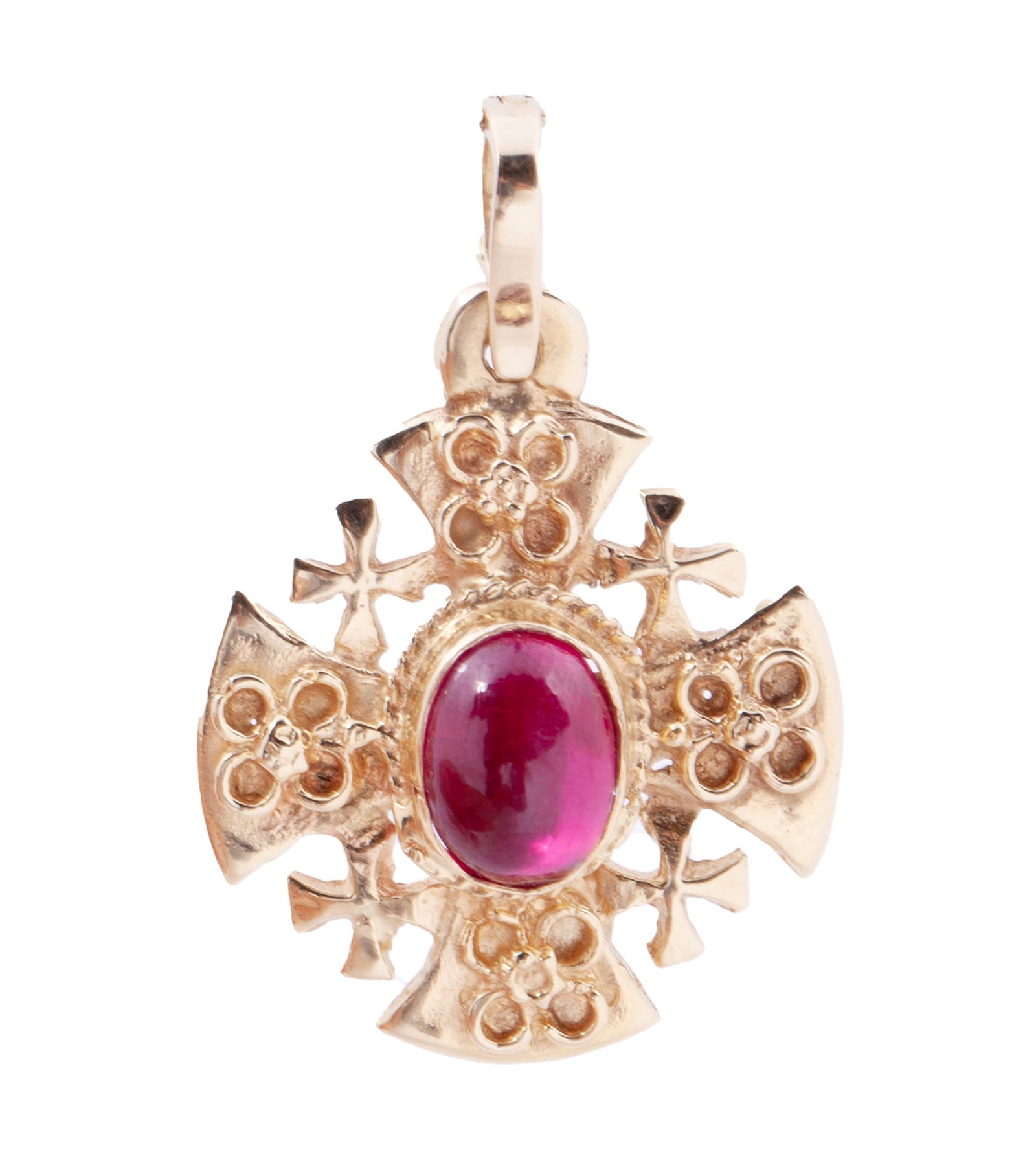 Gold and Pink Sapphire Jerusalem Cross Pendant: A 14kt yellow gold and pink sapphire Jerusalem pendant. 6g