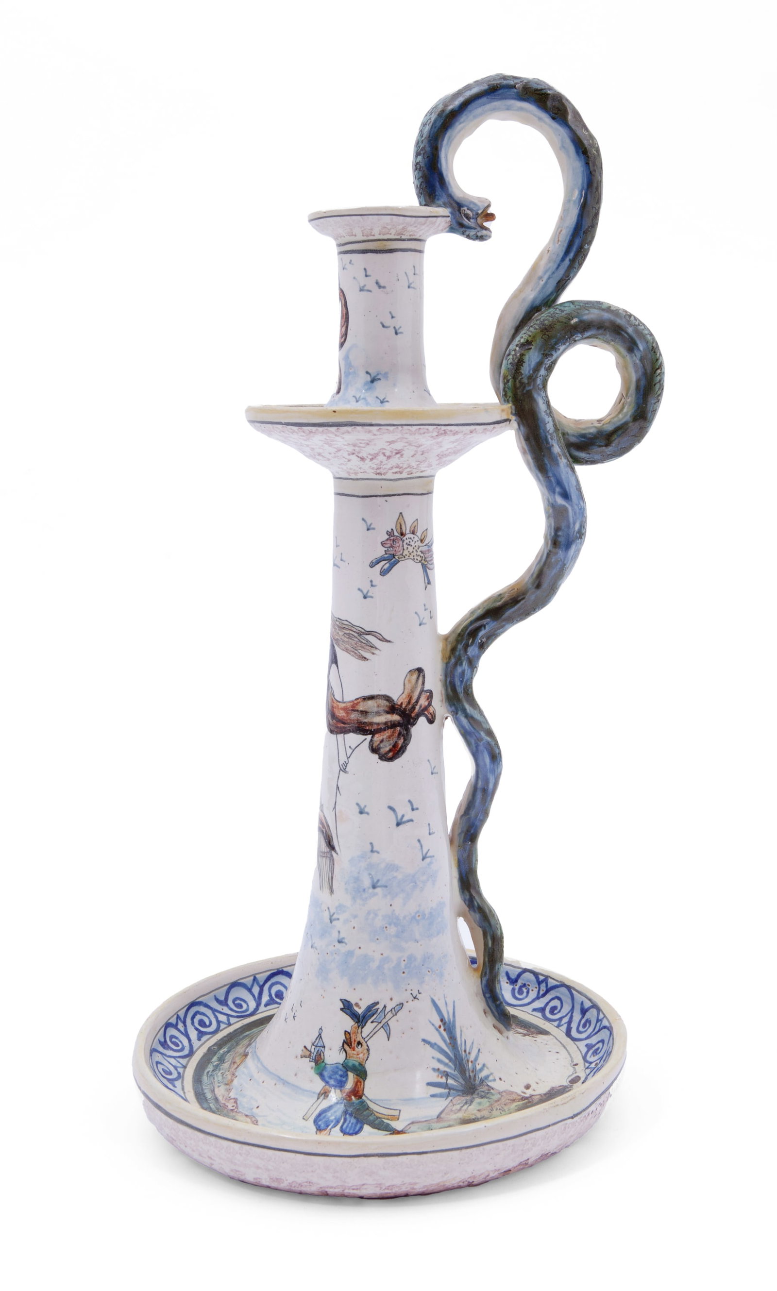 French Faience Henriot Quimper Esoteric Candleholder: French candle holder signed Henriot Quimper on underside, decorated with witches flying on brooms, symbols and a contorting snake shaped handle. Marked Callot 1543 on side. In good condition, co