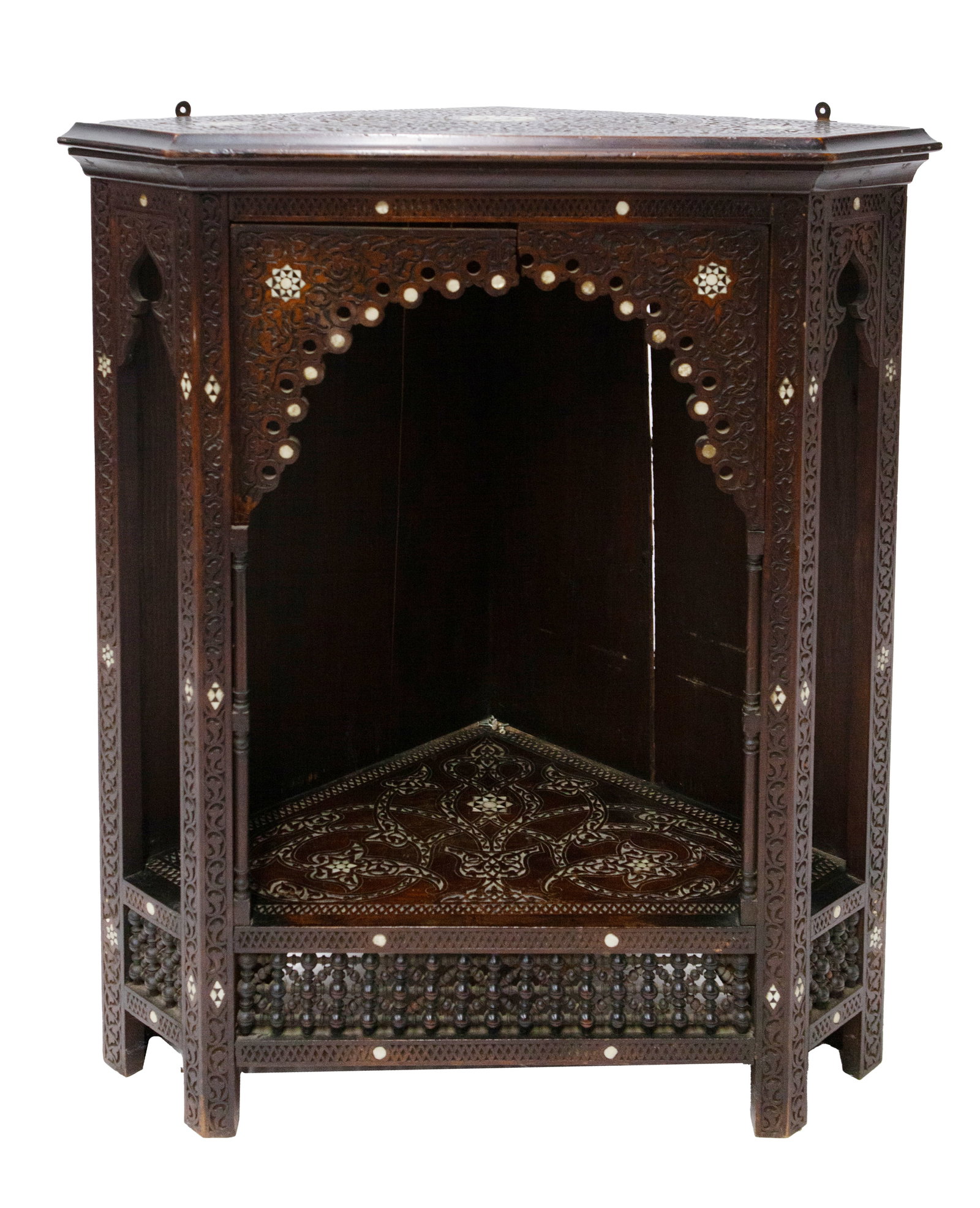 Antique Syrian Mother of Pearl Corner Cabinet: A beautiful corner cabinet with mother of pearl inlay. Measuring 36 x 32 x 21 inches.