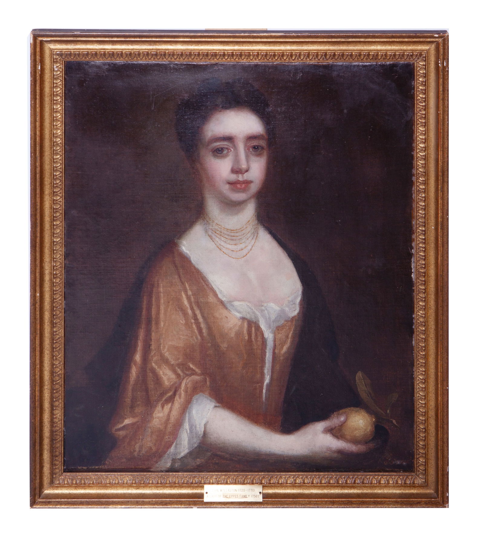 John Wollaston - Portrait of a woman - Oil on Canvas: John Wollaston 1720-1770 Portrait of a woman Measuring: 29 x 24 inches Label: The lucid lips in rosy sweetness dest, The well turnd neck and the luxuriant breast, The silk that richly