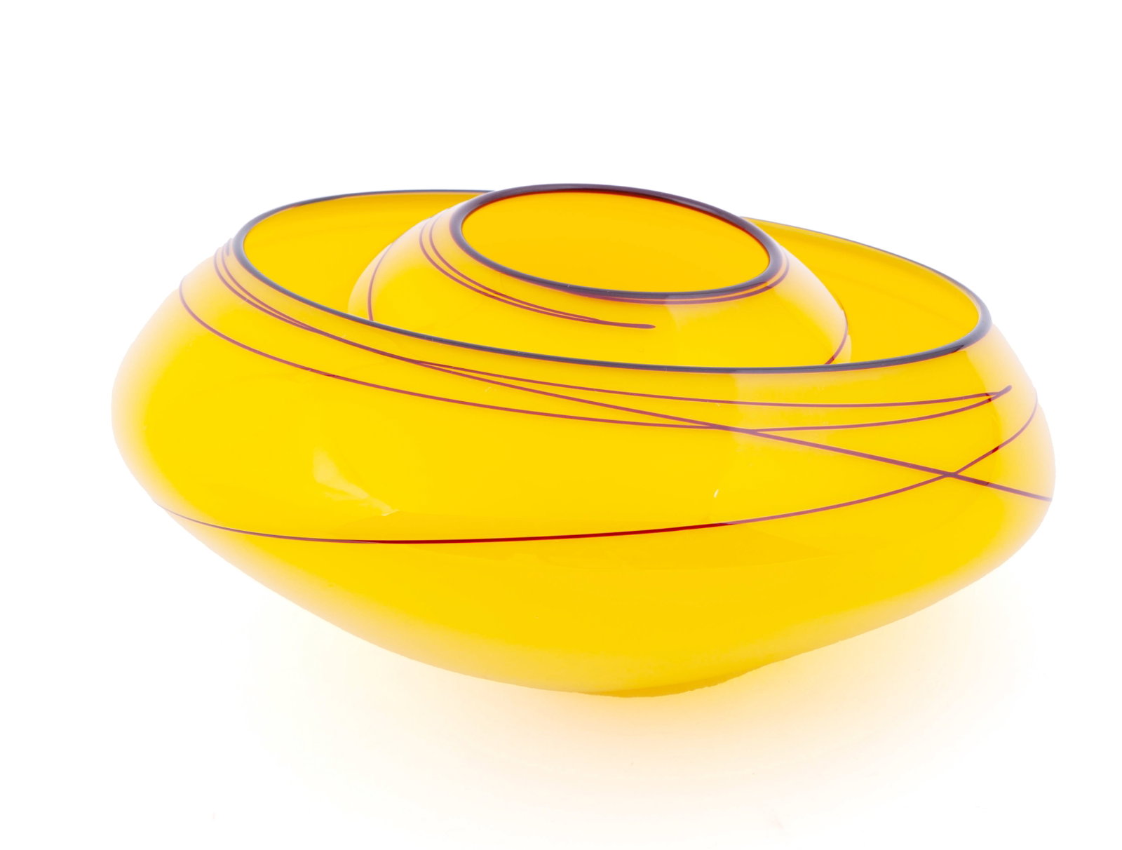 Dale Chihuly Two Piece Jasmine Yellow Baseket Set with Oxblood: A beautiful two-piece Chihuly Jasmine Yellow Basket set with Oxblood lipwrap. Unsigned. Measuring Approx 8 inches at the widest.