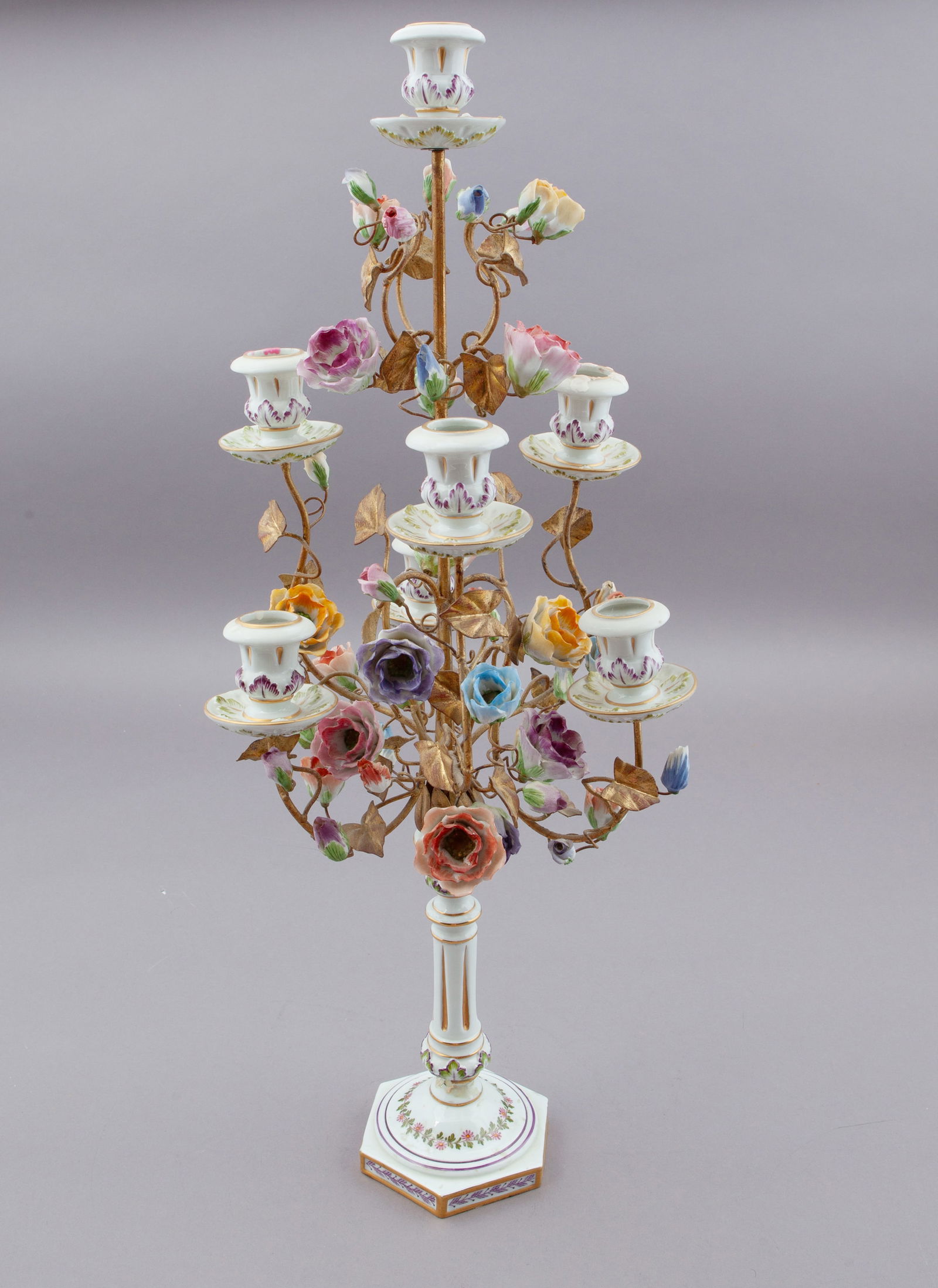 Antique 19th Century Capodimonte Porcelain and Brass Floral Six Arm Candelabra (1 of 7)