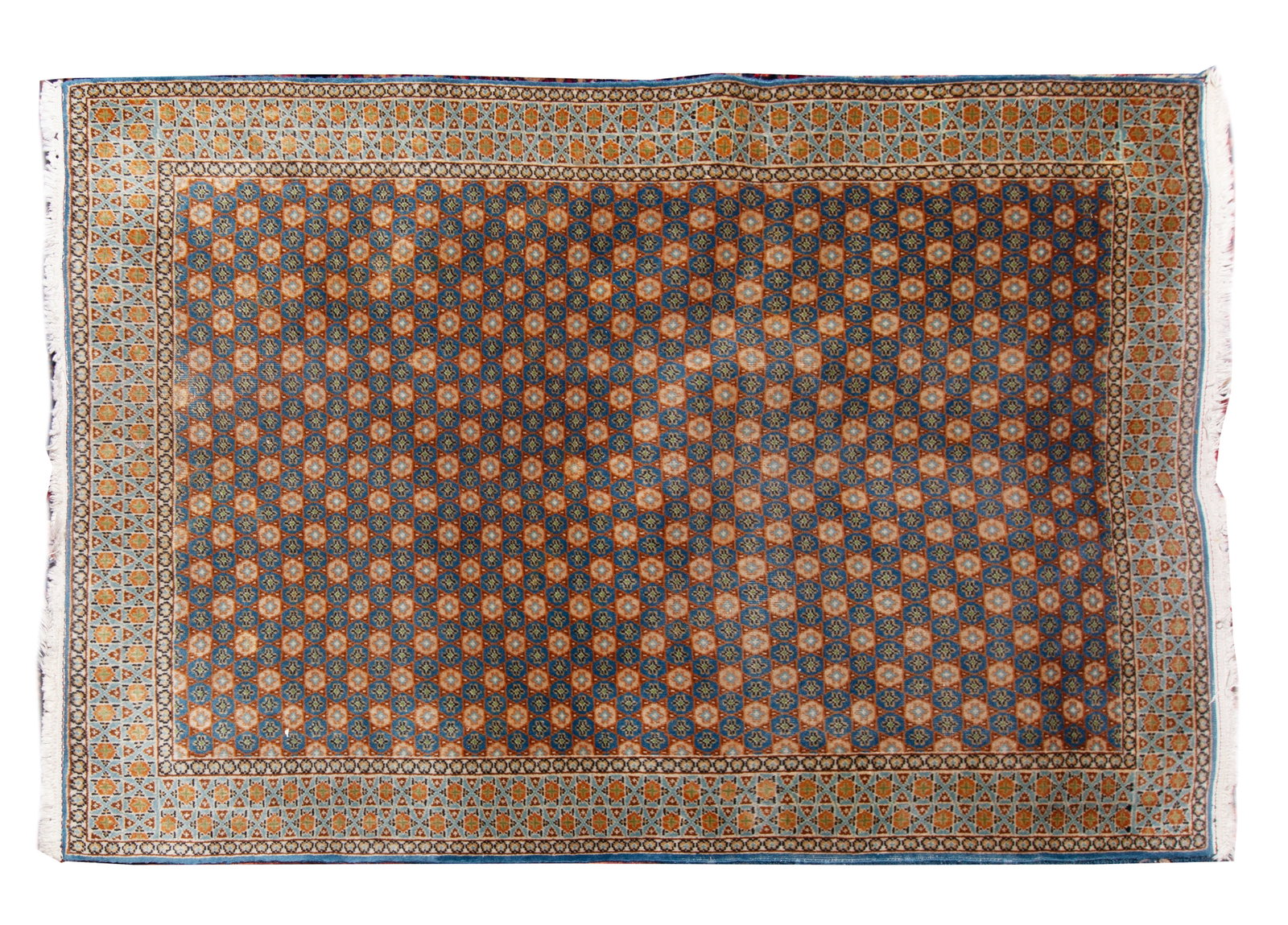 Vintage Wool Persian Rug: In shades of dark blue, medium blue and browns. Measuring 60 x 42 inches.