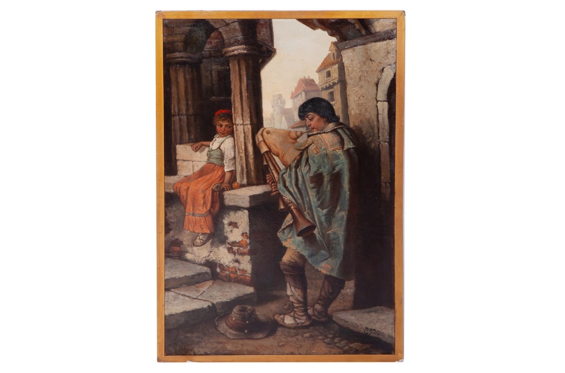 Ettore Tito Italy 1859-1941 Painting, Bagpipe Player (1 of 3)