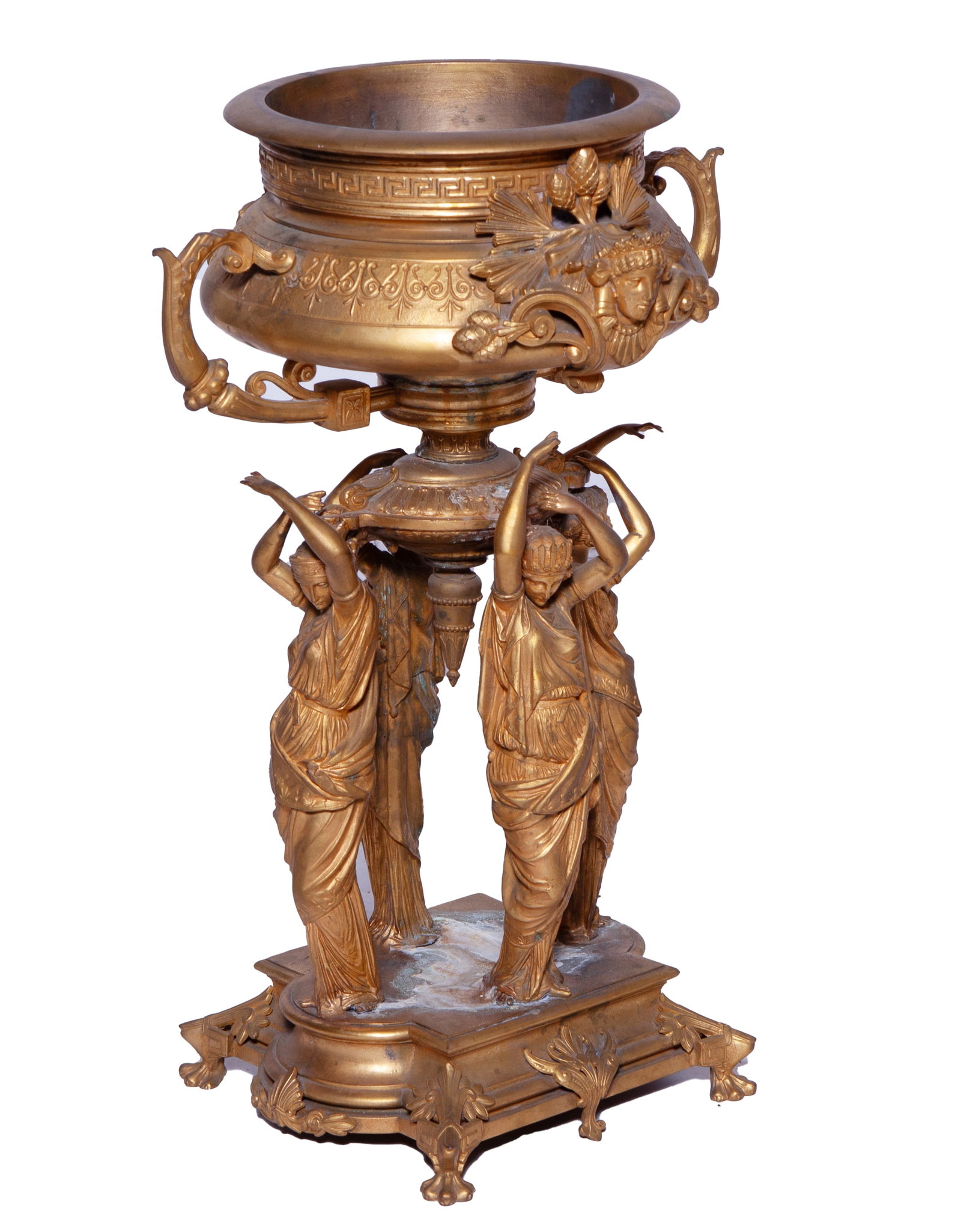Late 19th Century Bronze Egyptian Urn on Stand: A wonderfully ornate Egyptian style urn on stand. Urn held up by 4 Goddesses. Unsigned. Measuring 24 inches tall x 16 inches wide.