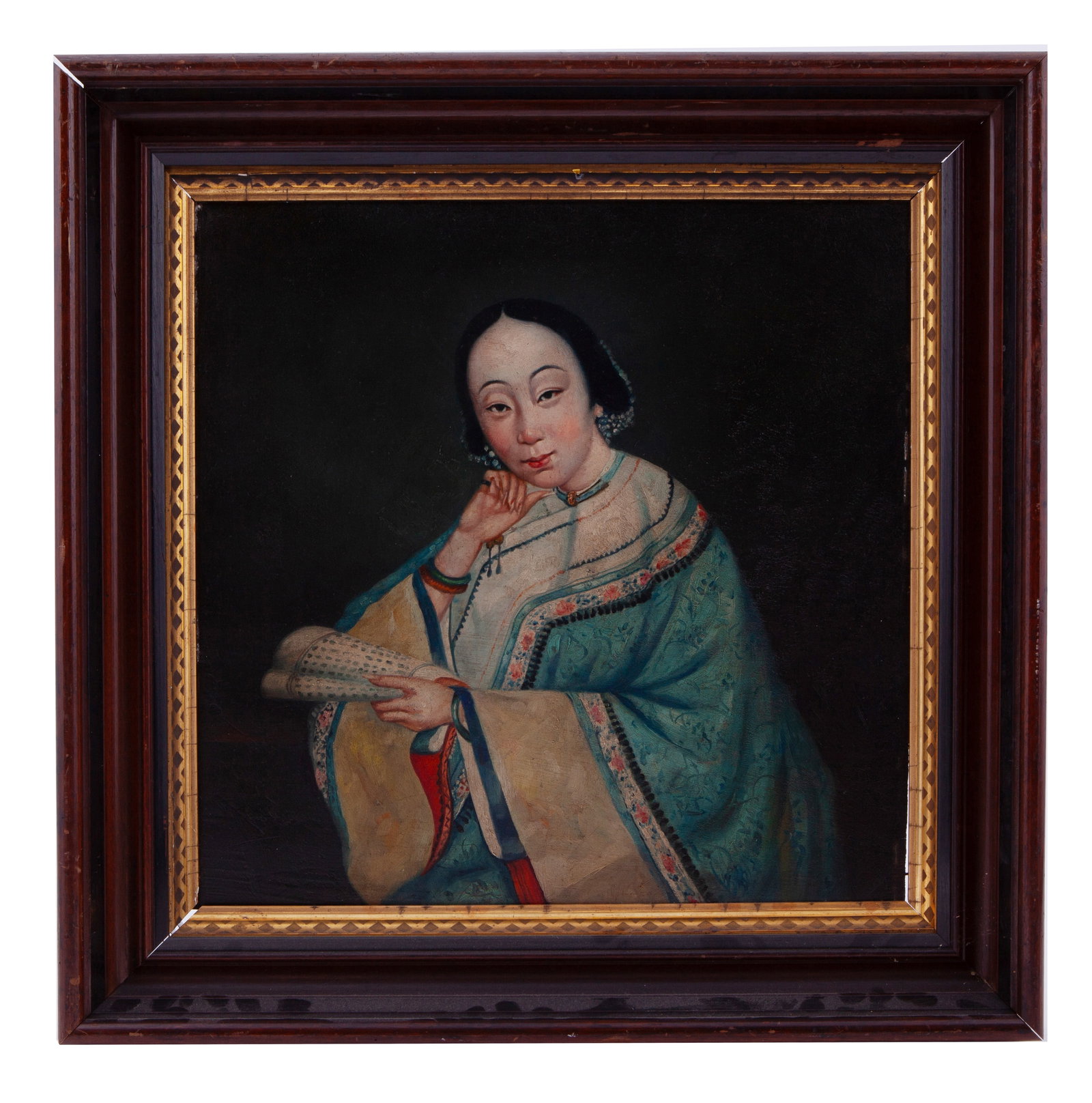 Chinese Qing Oil on Panel: The painting is of a young woman seated against a black background dressed in colorful robes and holding a fan 19th Century 14.5 x 15 inches Overall, it is in good condition for the panel. Fram has so