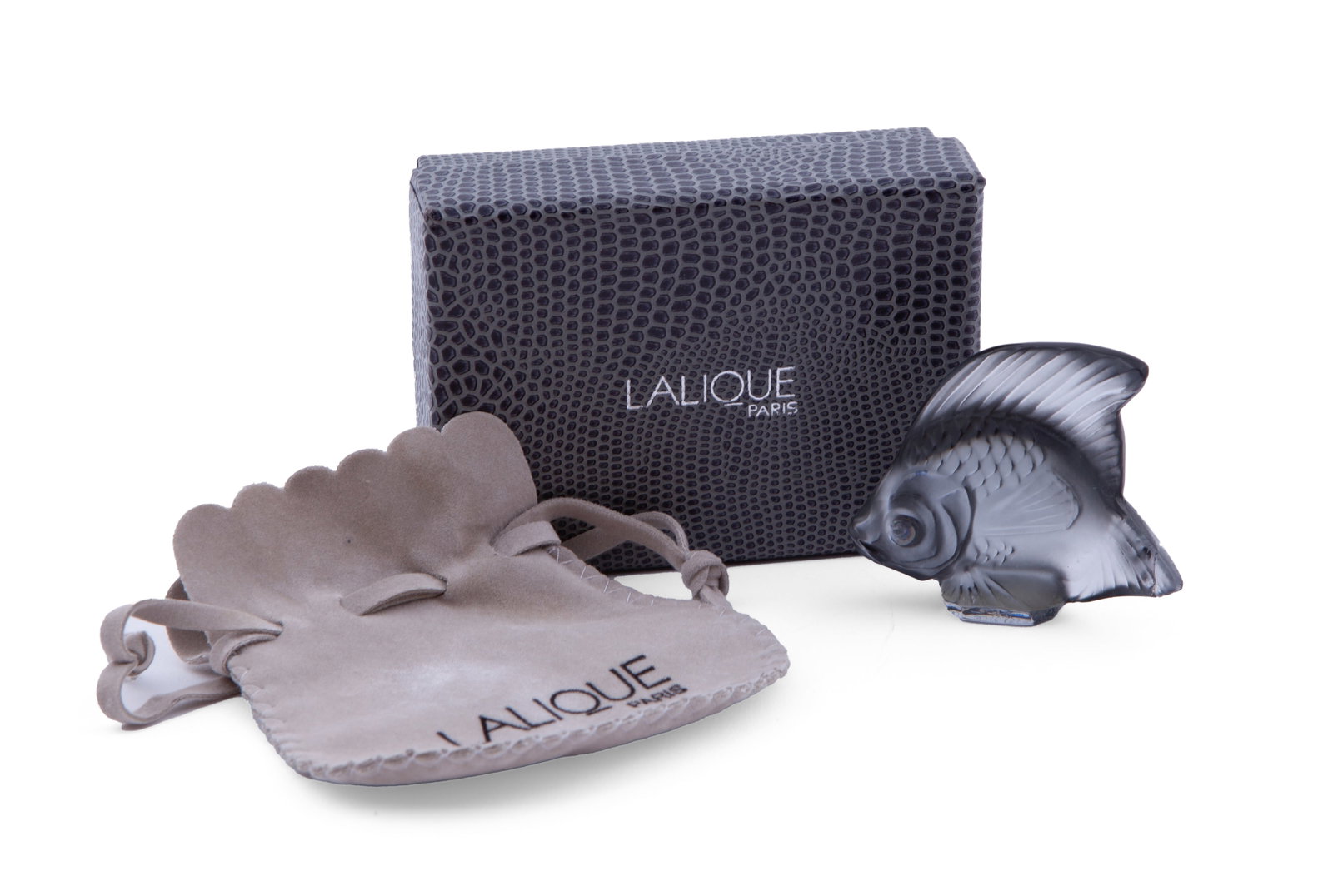 Lalique Smokey Color Poisson Fish with Box: In smoke - comes with box and dust bag. 2 x 2 inches in size. Small nick to the back tail.