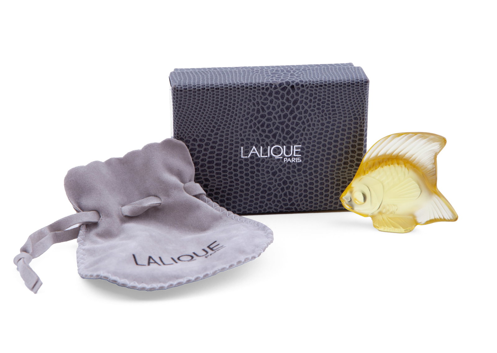 Lalique Art Glass Fish - Poisson in Yellow with Box: Complete with box and dustbag. Measuring 2 x 2 inches