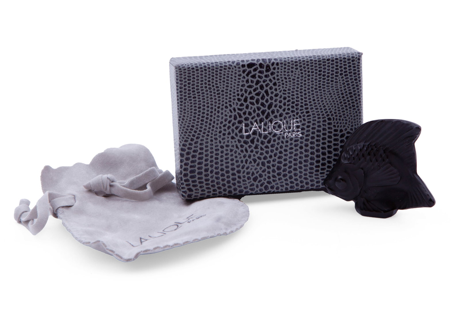 Lalique Art Glass Fish - Poisson in Opaque Black: Complete with box and dust bag. Measuring 2 x 2 inches