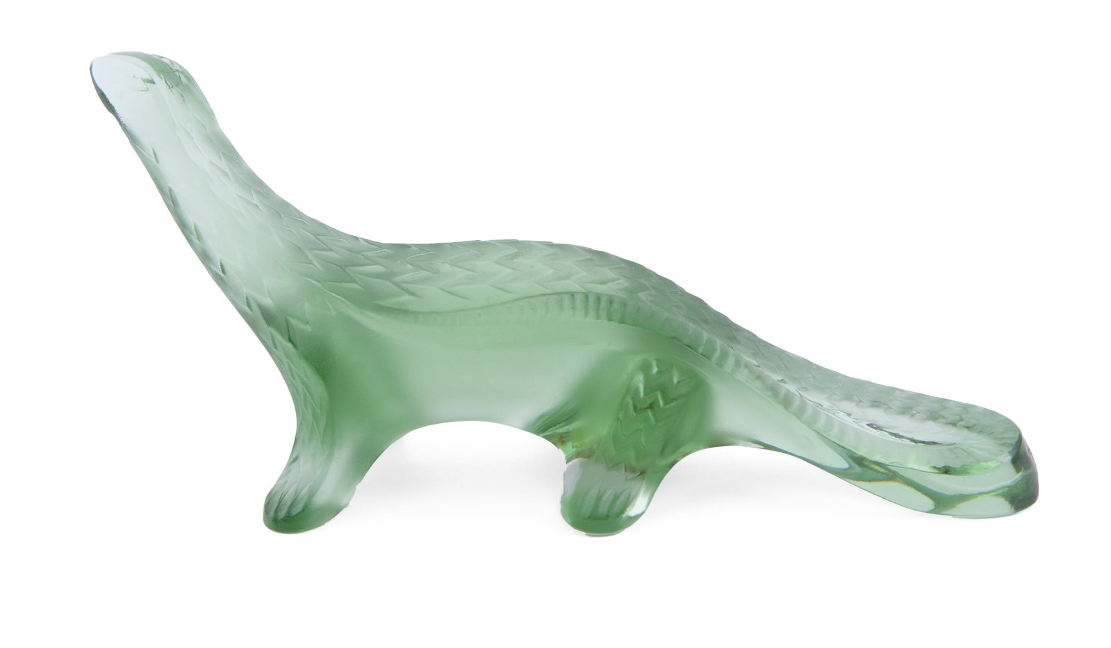 Lalique Green Art Glass Salamander Lizard: Etched art glass - Lalique salamander. 7 inches long. Double labels. Made in France and Lalique Paris